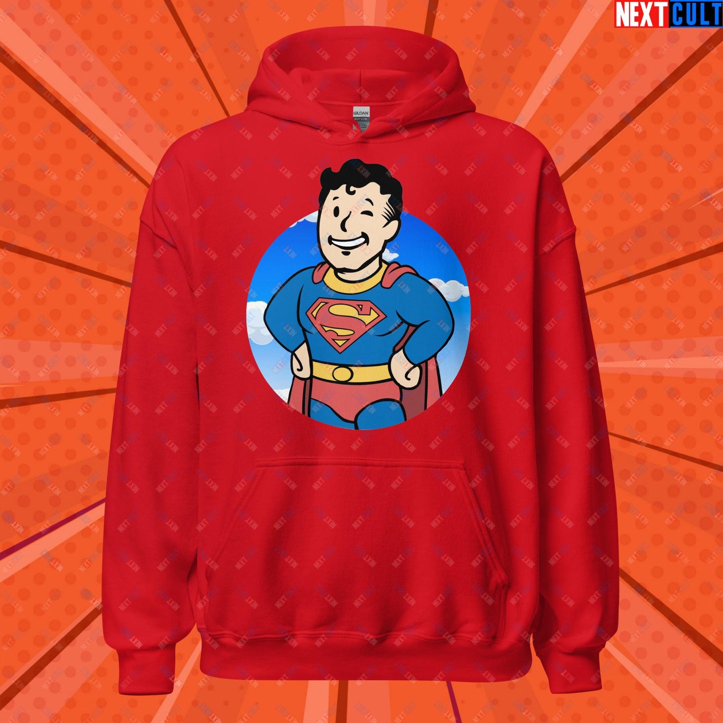 Super Boy Superman Vault Boy Fallout Funny Meme Cartoon Mashup Unisex Hoodie Red Hoodies Fallout Henry Cavill Movies Superheroes Superman Vault Boy Next Cult Brand