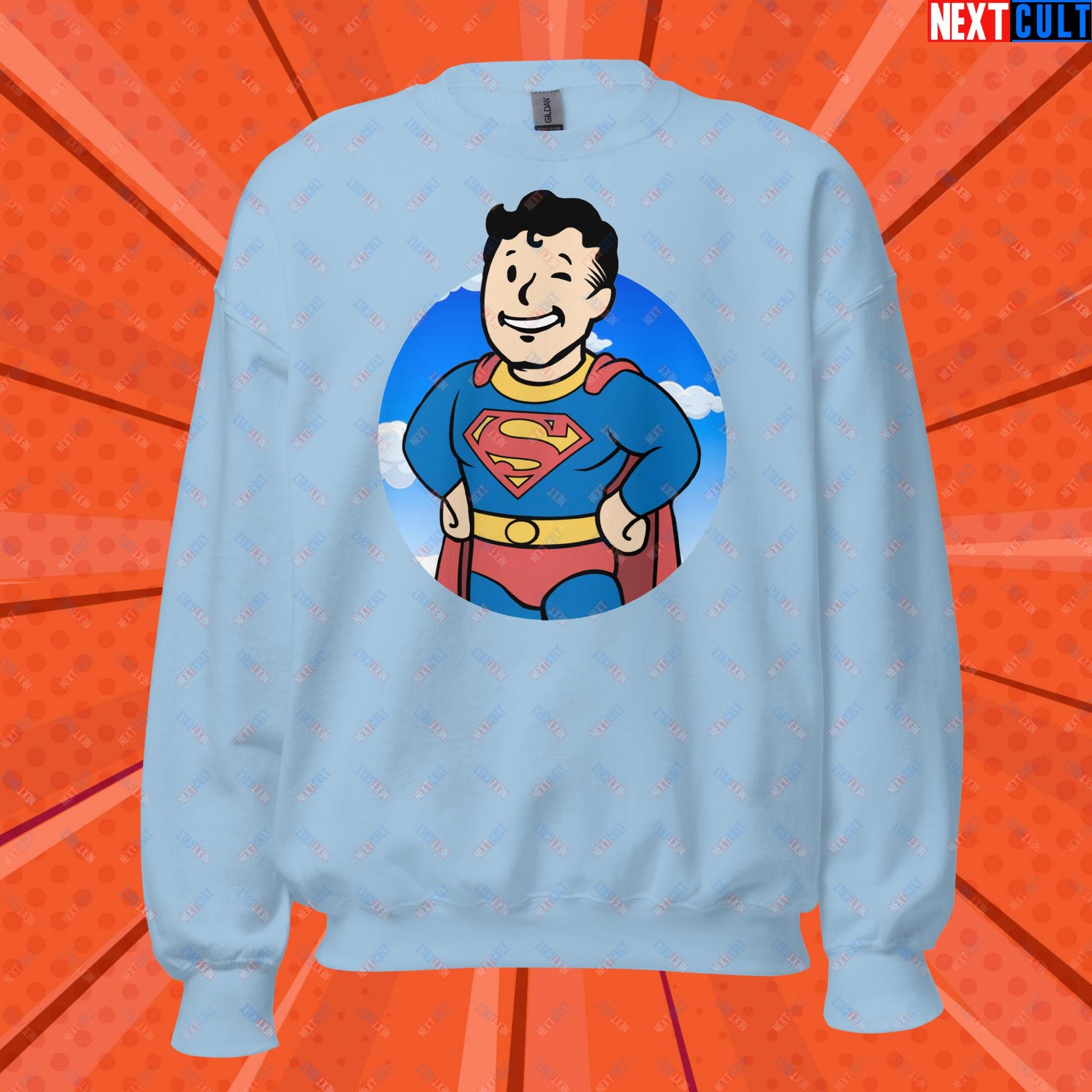 Super Boy Superman Vault Boy Fallout Funny Meme Cartoon Mashup Unisex Sweatshirt Light Blue Sweatshirts Fallout Henry Cavill Movies Superheroes Superman Vault Boy Next Cult Brand