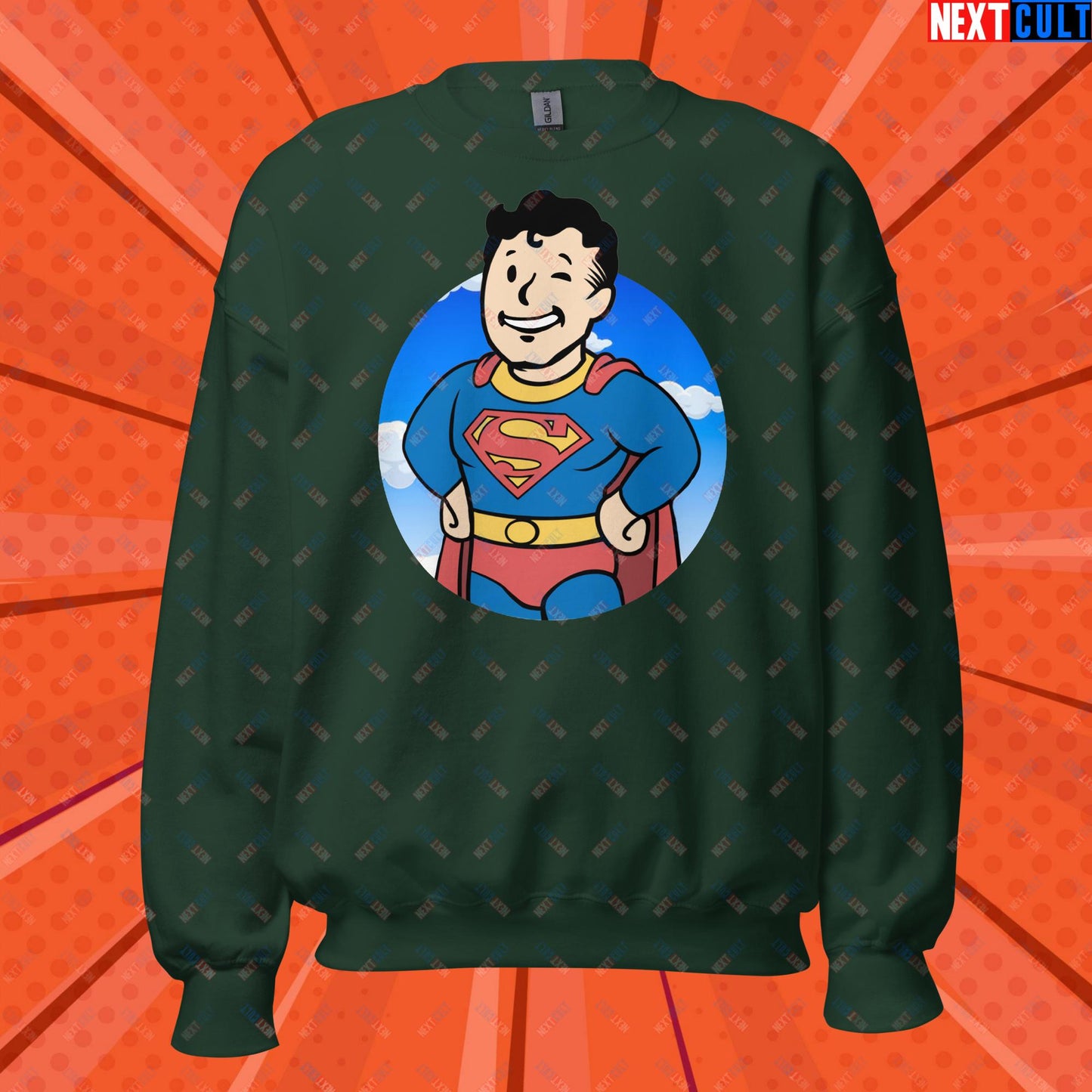 Super Boy Superman Vault Boy Fallout Funny Meme Cartoon Mashup Unisex Sweatshirt Forest Green Sweatshirts Fallout Henry Cavill Movies Superheroes Superman Vault Boy Next Cult Brand