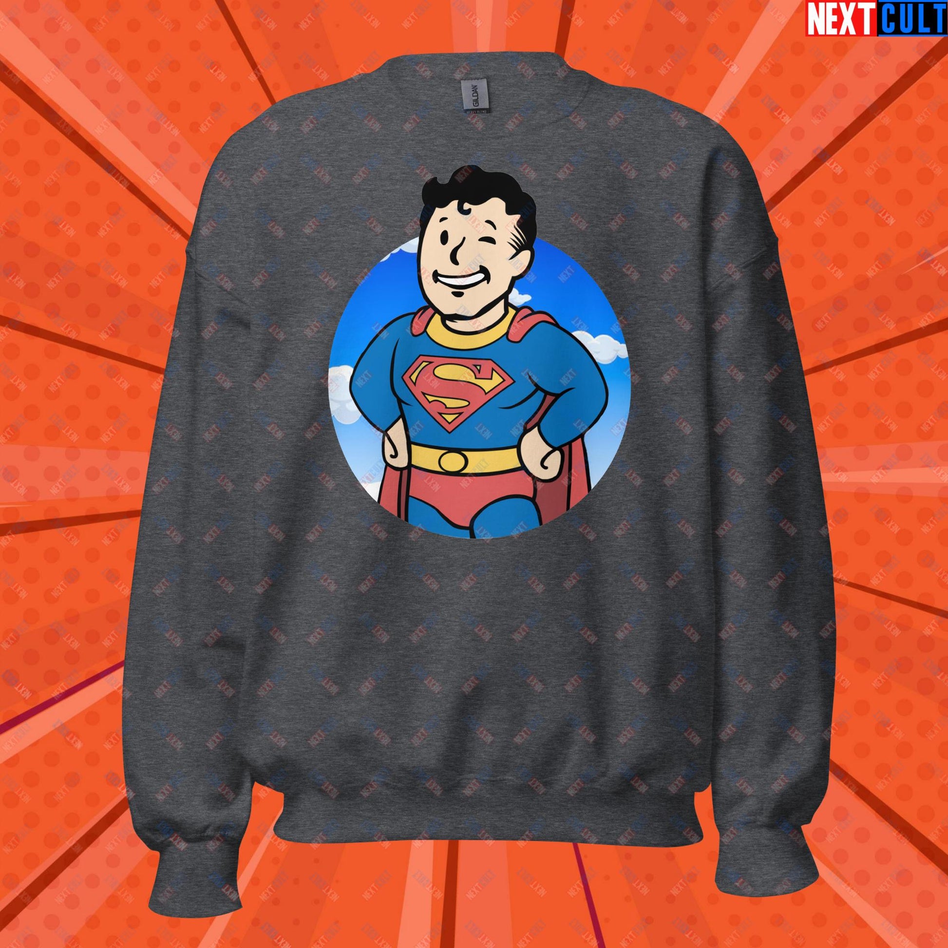 Super Boy Superman Vault Boy Fallout Funny Meme Cartoon Mashup Unisex Sweatshirt Dark Heather Sweatshirts Fallout Henry Cavill Movies Superheroes Superman Vault Boy Next Cult Brand