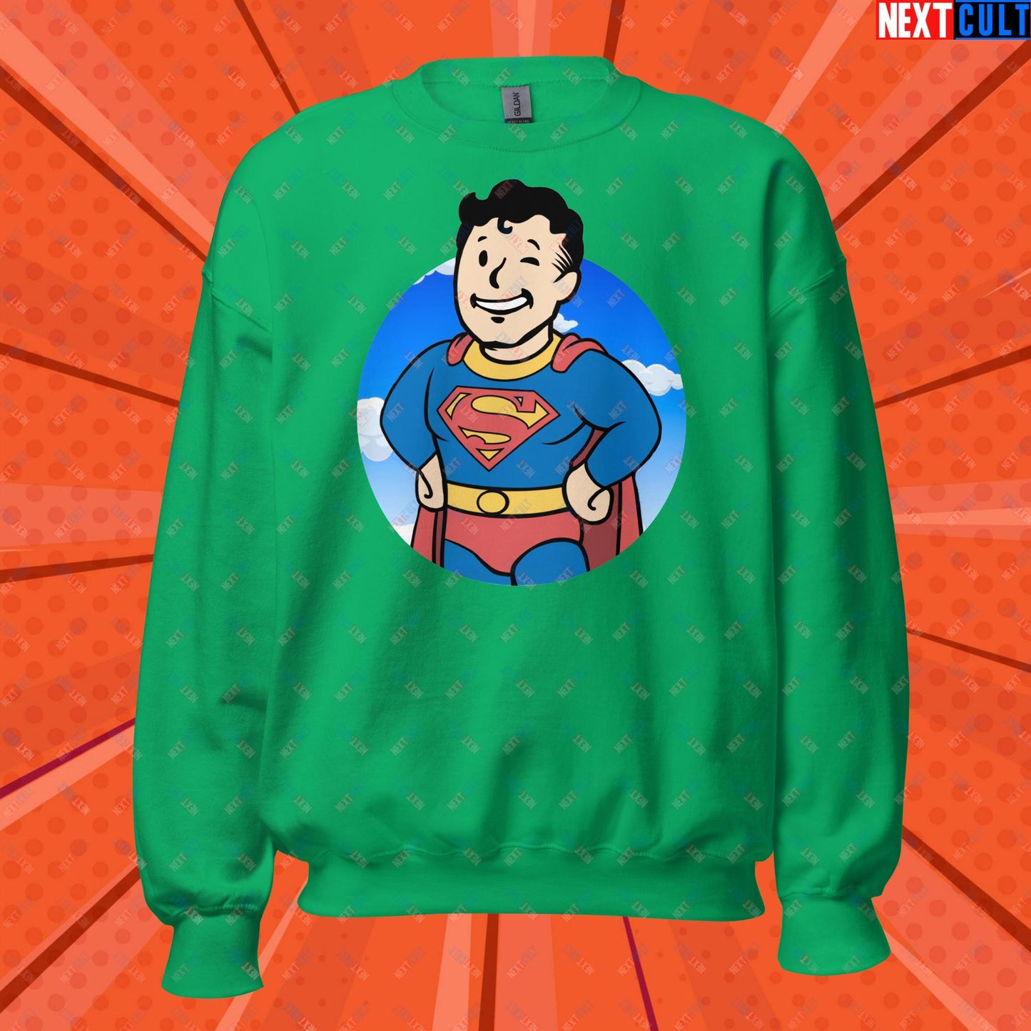 Super Boy Superman Vault Boy Fallout Funny Meme Cartoon Mashup Unisex Sweatshirt Irish Green Sweatshirts Fallout Henry Cavill Movies Superheroes Superman Vault Boy Next Cult Brand