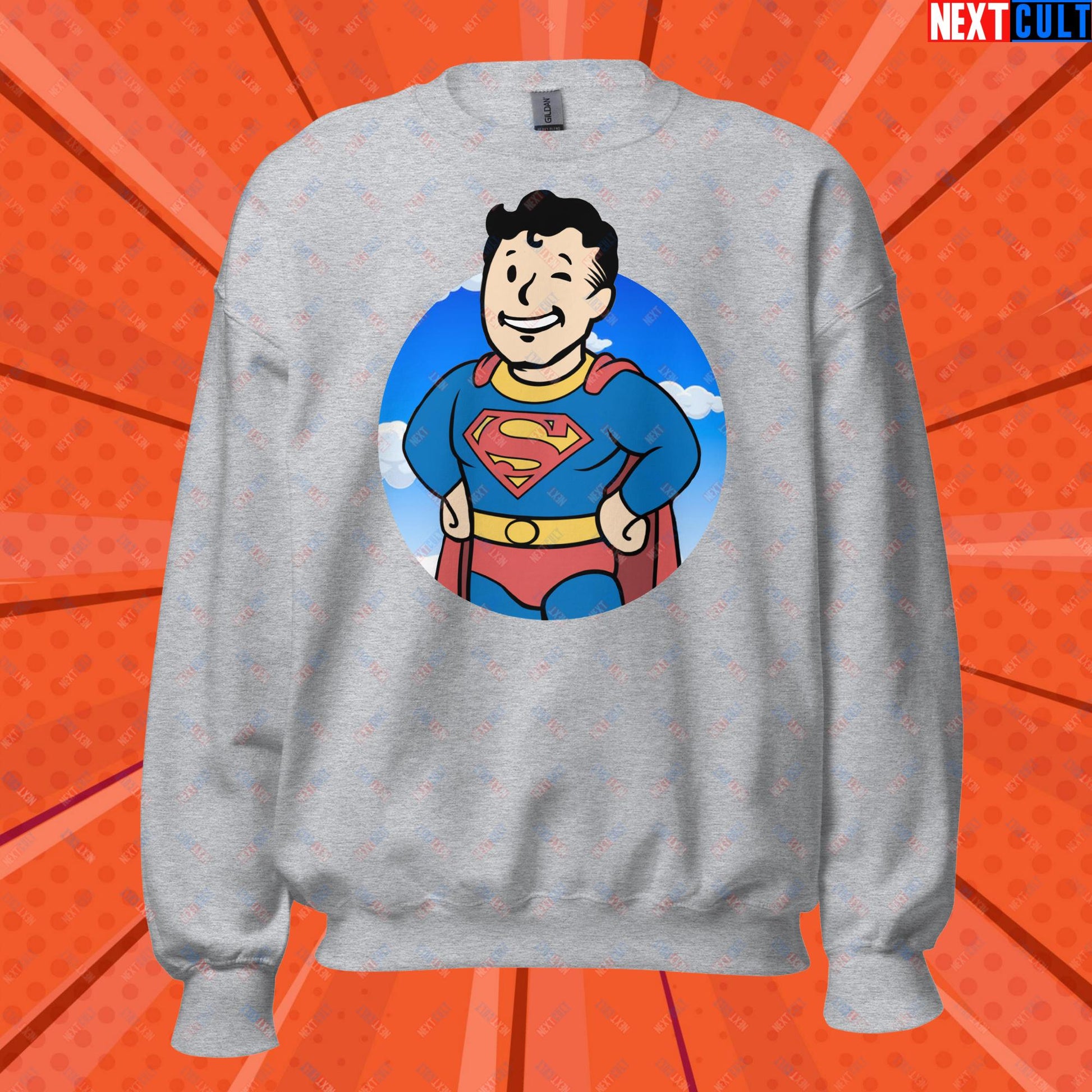 Super Boy Superman Vault Boy Fallout Funny Meme Cartoon Mashup Unisex Sweatshirt Sport Grey Sweatshirts Fallout Henry Cavill Movies Superheroes Superman Vault Boy Next Cult Brand