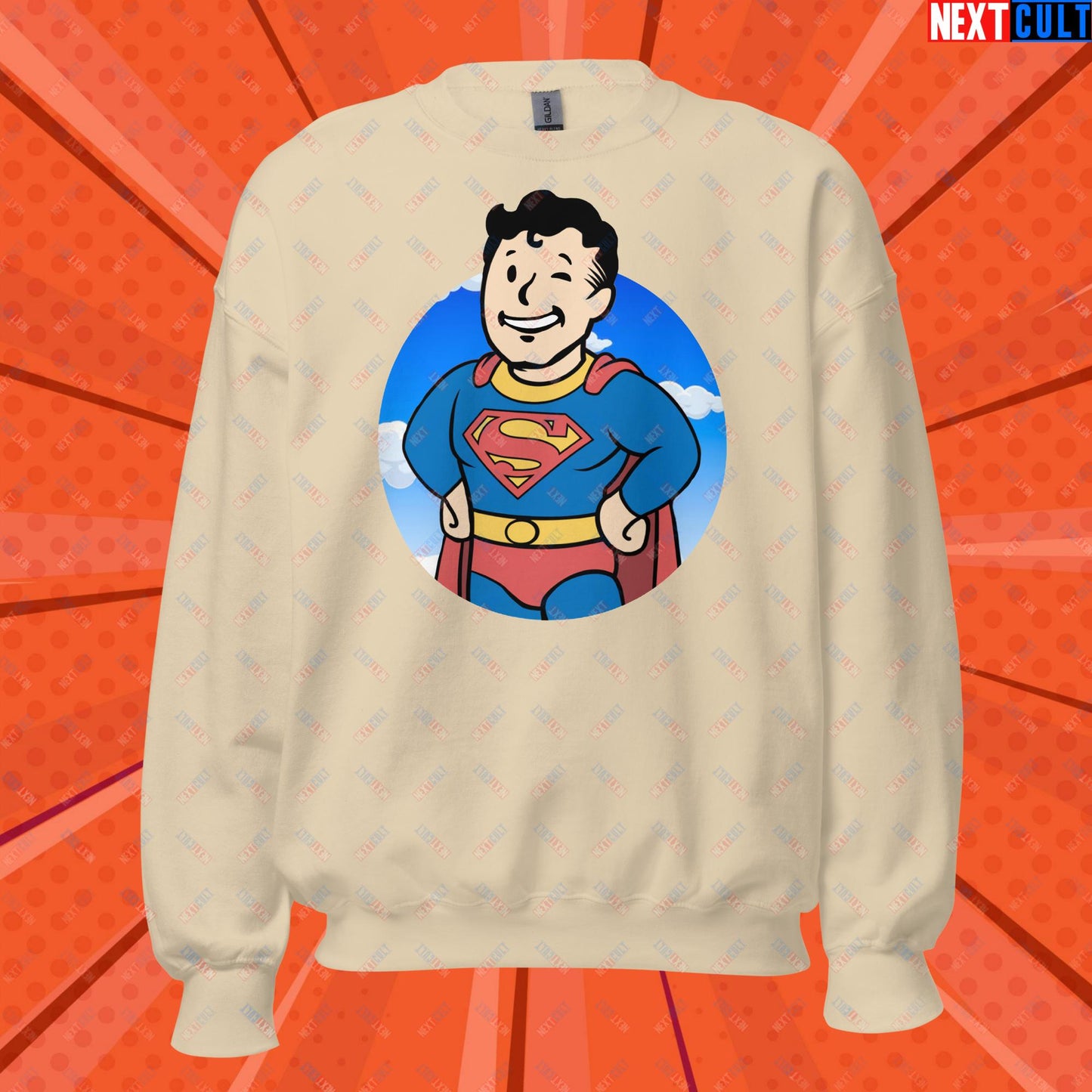 Super Boy Superman Vault Boy Fallout Funny Meme Cartoon Mashup Unisex Sweatshirt Sand Sweatshirts Fallout Henry Cavill Movies Superheroes Superman Vault Boy Next Cult Brand