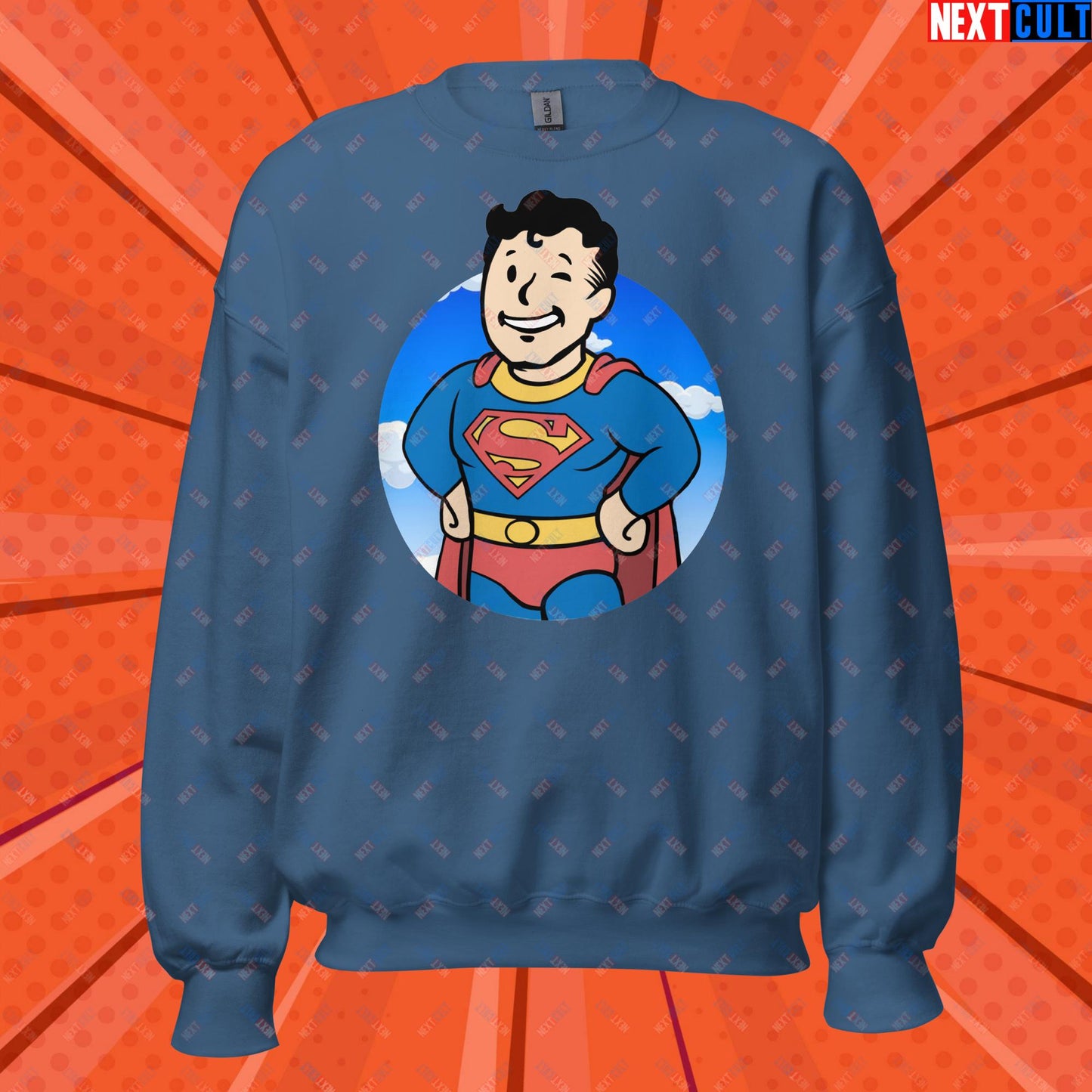 Super Boy Superman Vault Boy Fallout Funny Meme Cartoon Mashup Unisex Sweatshirt Indigo Blue Sweatshirts Fallout Henry Cavill Movies Superheroes Superman Vault Boy Next Cult Brand