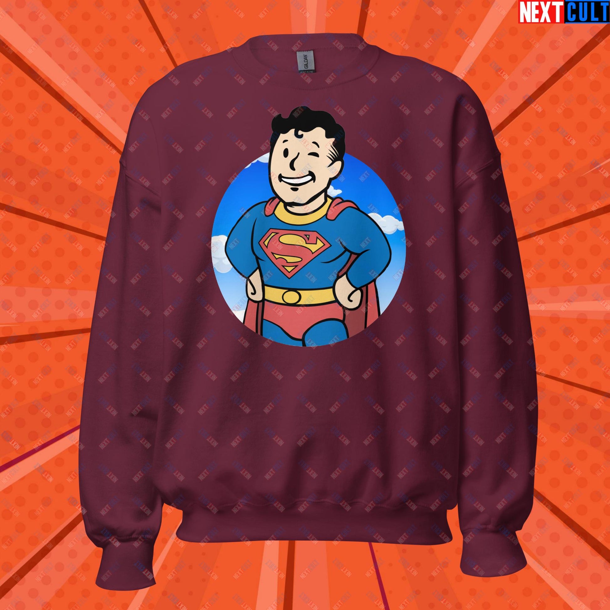 Super Boy Superman Vault Boy Fallout Funny Meme Cartoon Mashup Unisex Sweatshirt Maroon Sweatshirts Fallout Henry Cavill Movies Superheroes Superman Vault Boy Next Cult Brand