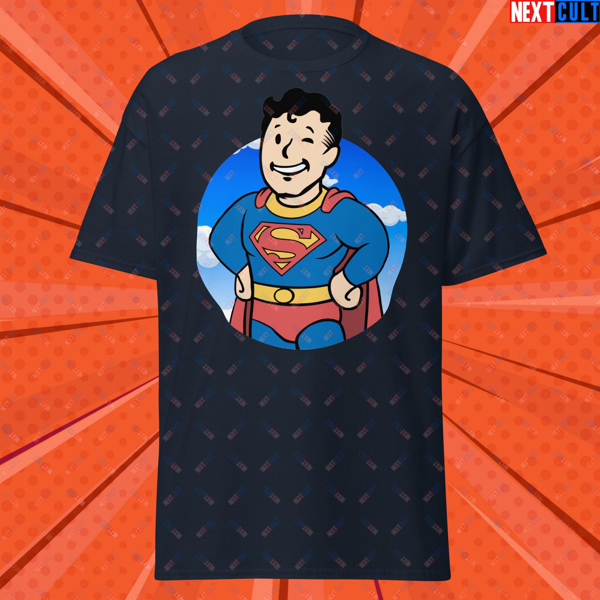 Super Boy Superman Vault Boy Fallout Funny Meme Cartoon Mashup Unisex classic tee Navy T-shirts Fallout Henry Cavill Movies Superheroes Superman Vault Boy Next Cult Brand