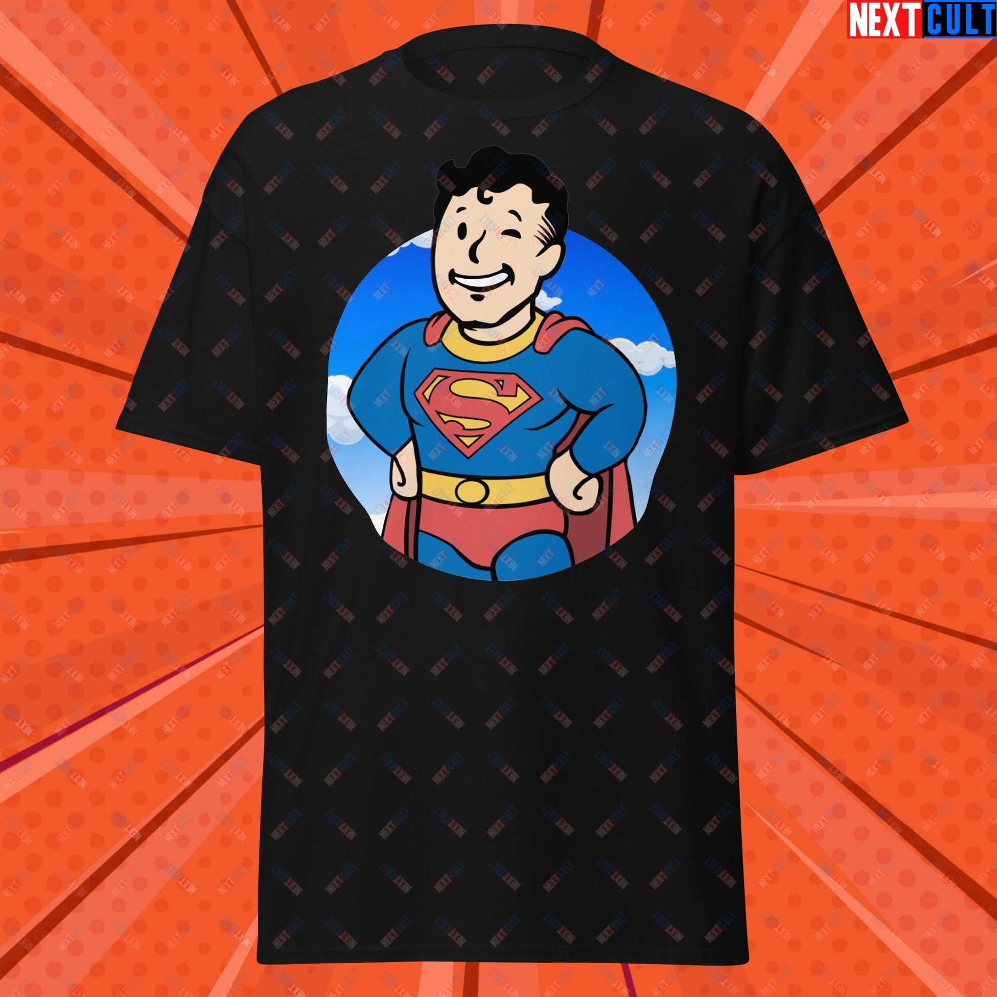 Super Boy Superman Vault Boy Fallout Funny Meme Cartoon Mashup Unisex classic tee Black T-shirts Fallout Henry Cavill Movies Superheroes Superman Vault Boy Next Cult Brand