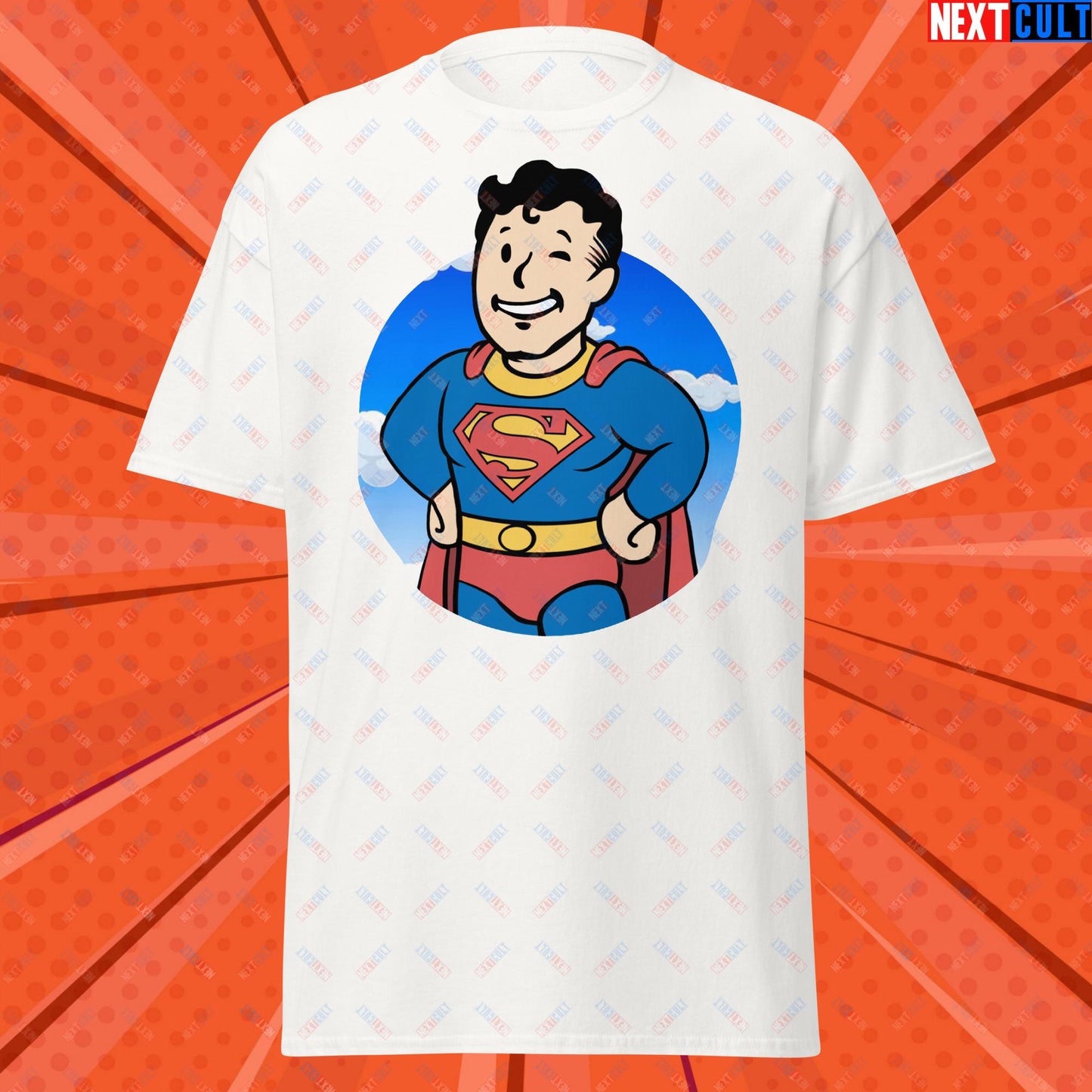 Super Boy Superman Vault Boy Fallout Funny Meme Cartoon Mashup Unisex classic tee White T-shirts Fallout Henry Cavill Movies Superheroes Superman Vault Boy Next Cult Brand