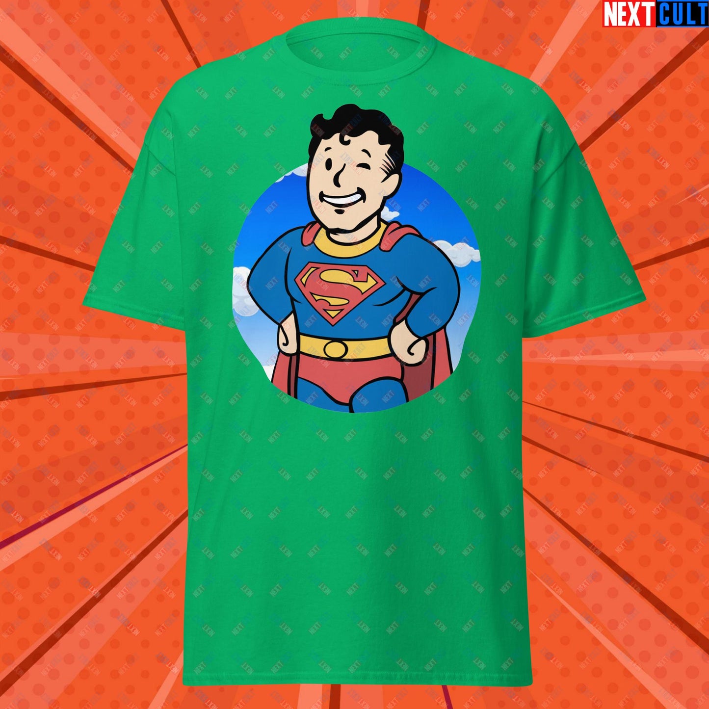 Super Boy Superman Vault Boy Fallout Funny Meme Cartoon Mashup Unisex classic tee Irish Green T-shirts Fallout Henry Cavill Movies Superheroes Superman Vault Boy Next Cult Brand