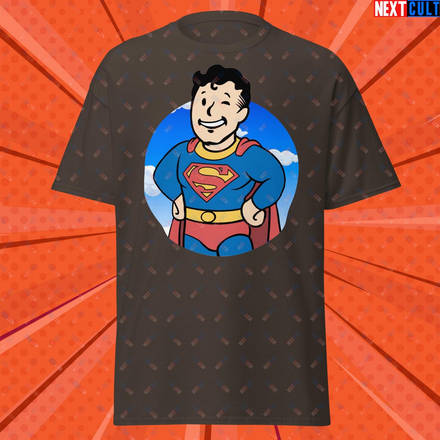 Super Boy Superman Vault Boy Fallout Funny Meme Cartoon Mashup Unisex classic tee Dark Chocolate T-shirts Fallout Henry Cavill Movies Superheroes Superman Vault Boy Next Cult Brand