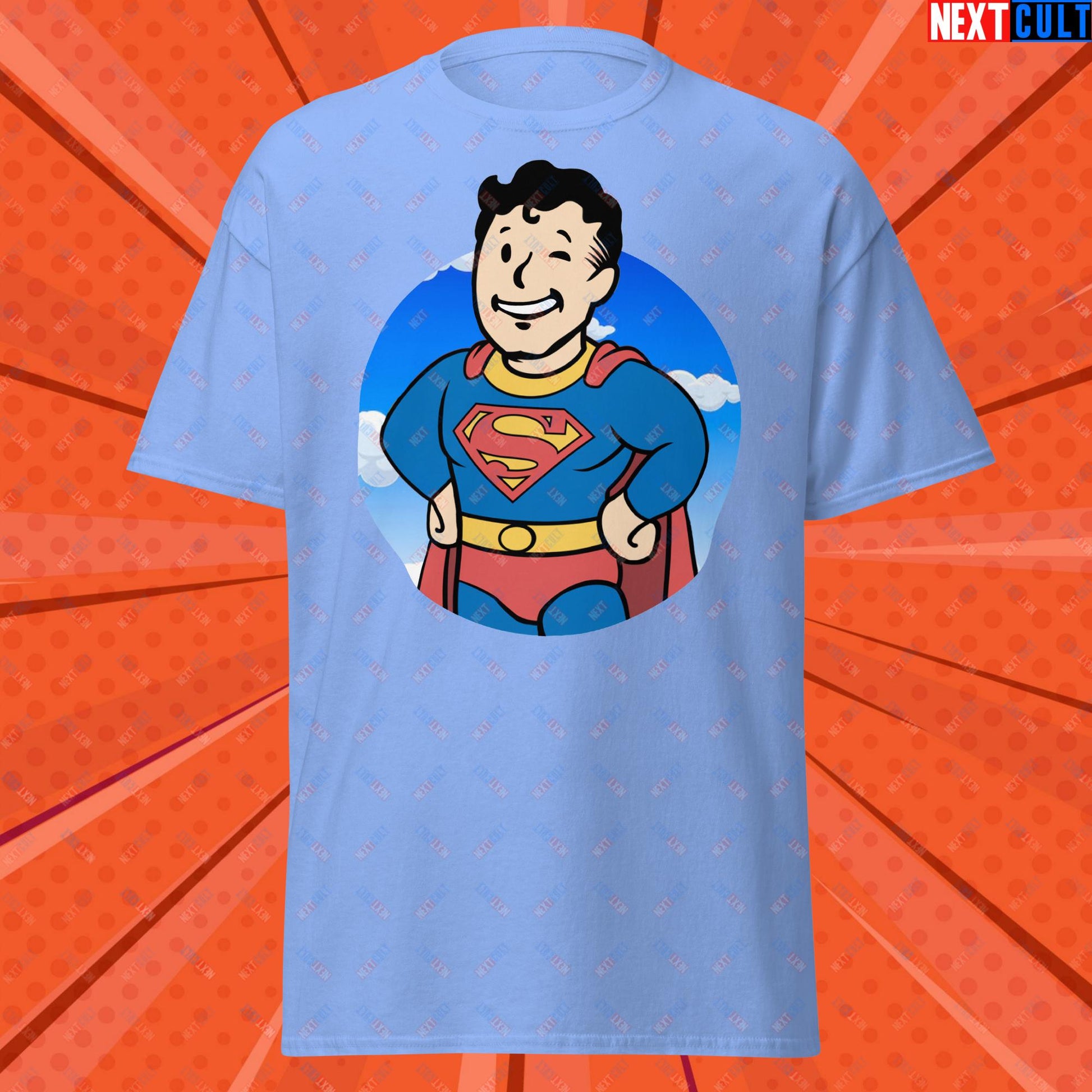 Super Boy Superman Vault Boy Fallout Funny Meme Cartoon Mashup Unisex classic tee Carolina Blue T-shirts Fallout Henry Cavill Movies Superheroes Superman Vault Boy Next Cult Brand