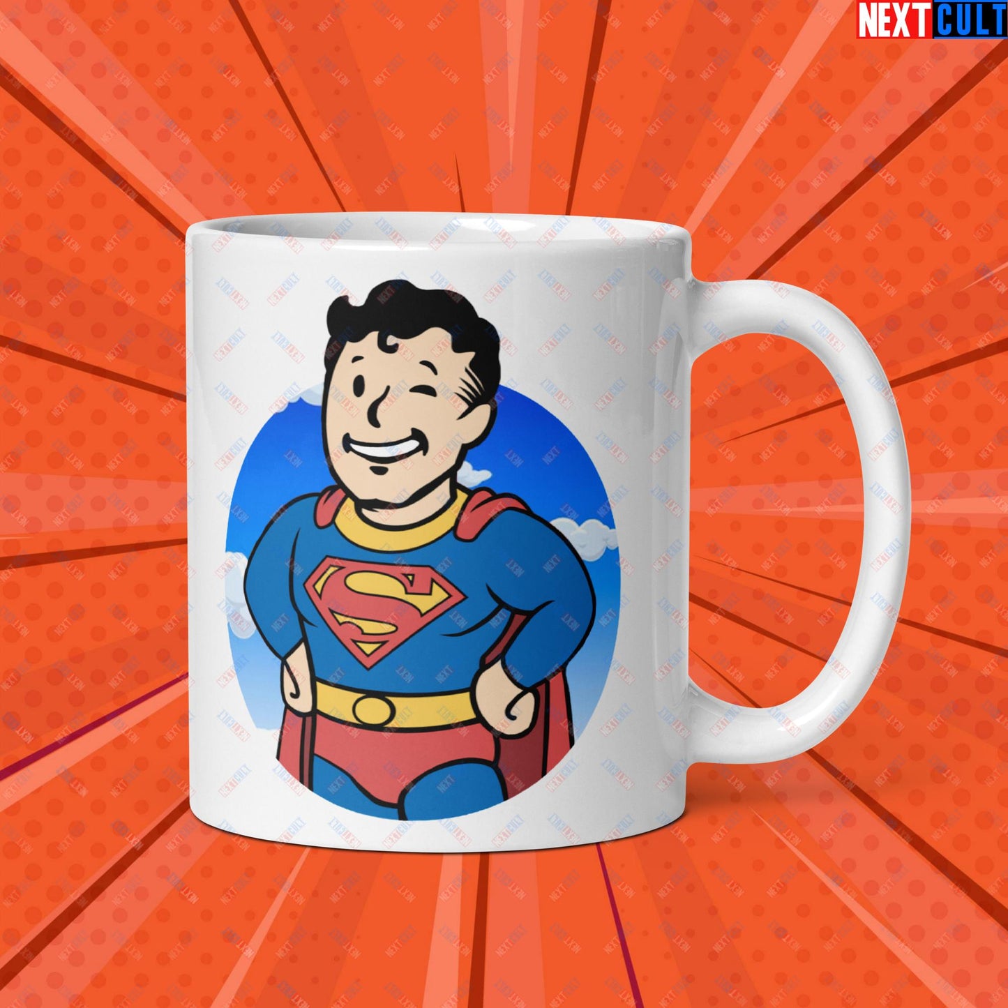 Super Boy Superman Vault Boy Fallout Funny Meme Cartoon Mashup White glossy mug Next Cult Brand