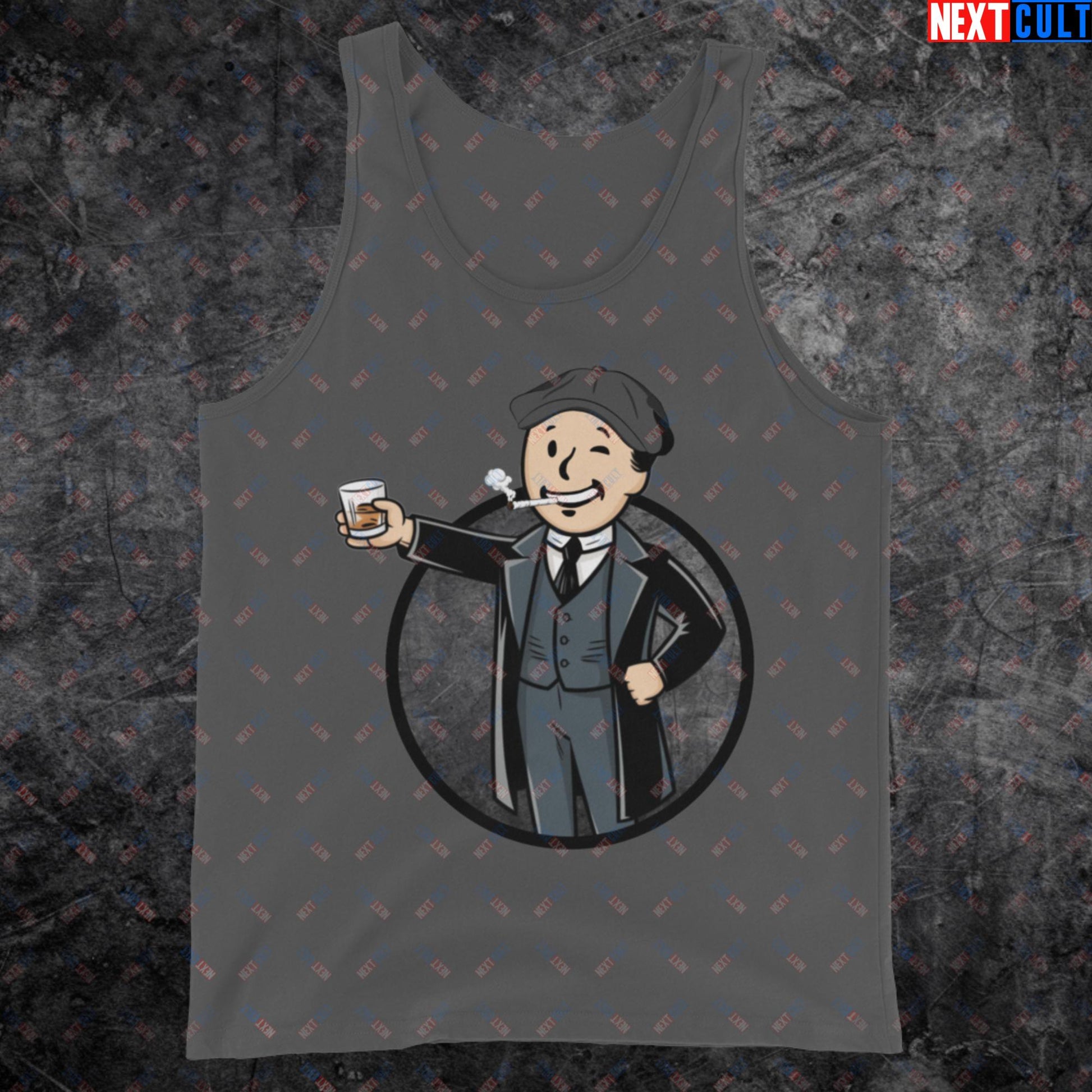 Tommy Boy Peaky Blinders Thomas Shelby Cillian Murphy Vault Boy Fallout Funny Meme Cartoon Mashup Tank Top Asphalt Tank Tops Cillian Murphy Fallout Peaky Blinders TV Shows Vault Boy Next Cult Brand