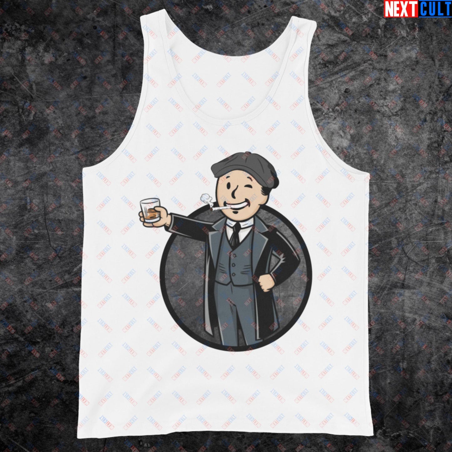 Tommy Boy Peaky Blinders Thomas Shelby Cillian Murphy Vault Boy Fallout Funny Meme Cartoon Mashup Tank Top White Tank Tops Cillian Murphy Fallout Peaky Blinders TV Shows Vault Boy Next Cult Brand