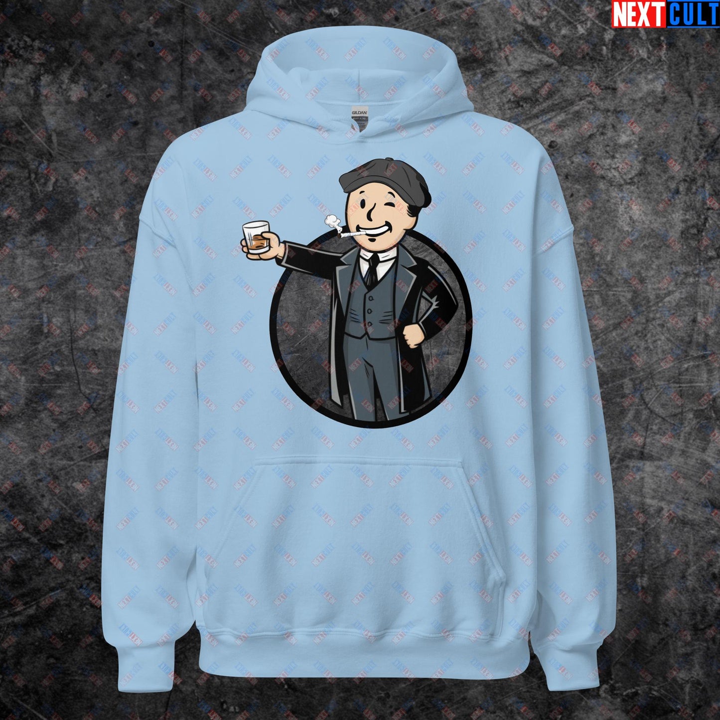 Tommy Boy Peaky Blinders Thomas Shelby Cillian Murphy Vault Boy Fallout Funny Meme Cartoon Mashup Unisex Hoodie Light Blue Hoodies Cillian Murphy Fallout Peaky Blinders TV Shows Vault Boy Next Cult Brand