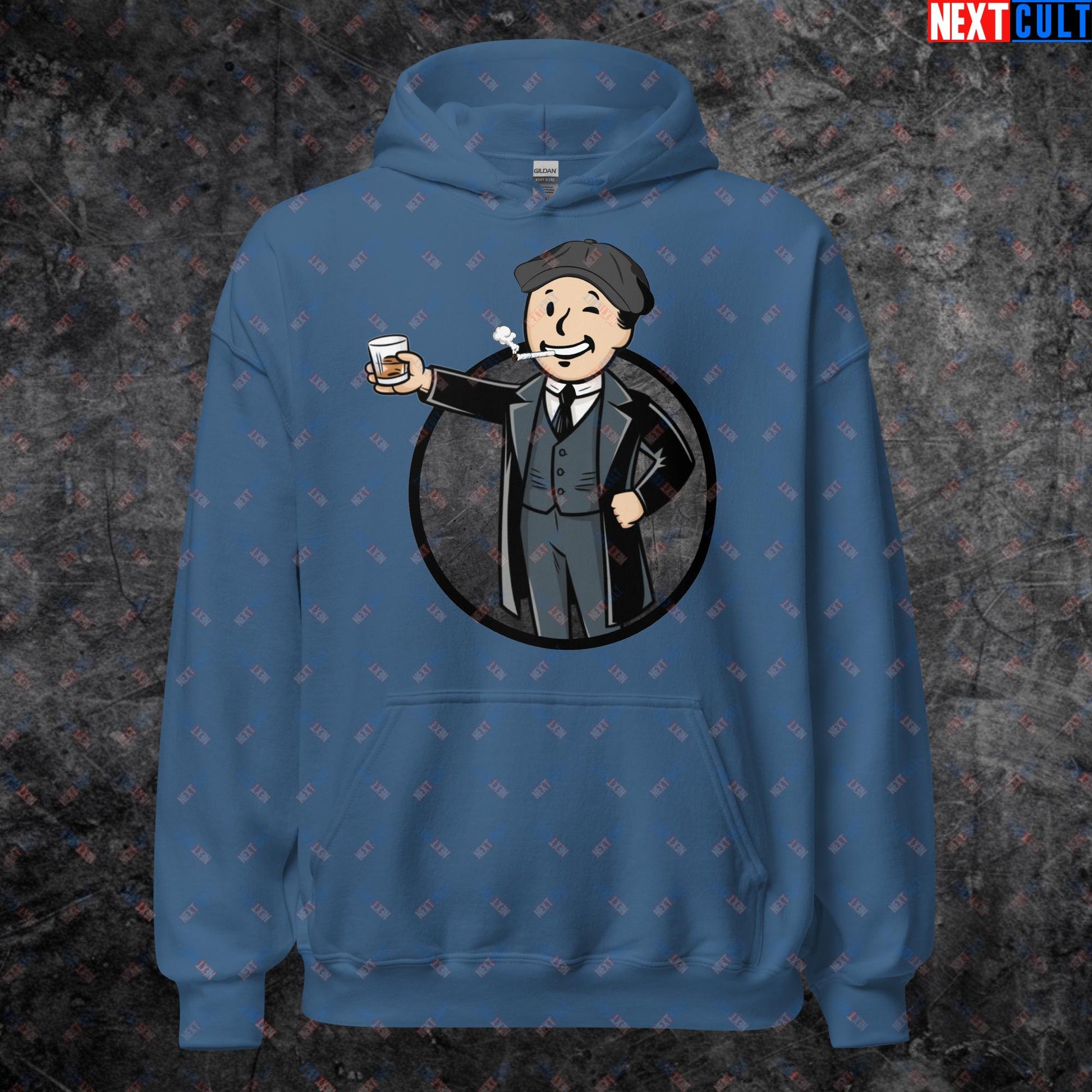 Tommy Boy Peaky Blinders Thomas Shelby Cillian Murphy Vault Boy Fallout Funny Meme Cartoon Mashup Unisex Hoodie Indigo Blue Hoodies Cillian Murphy Fallout Peaky Blinders TV Shows Vault Boy Next Cult Brand