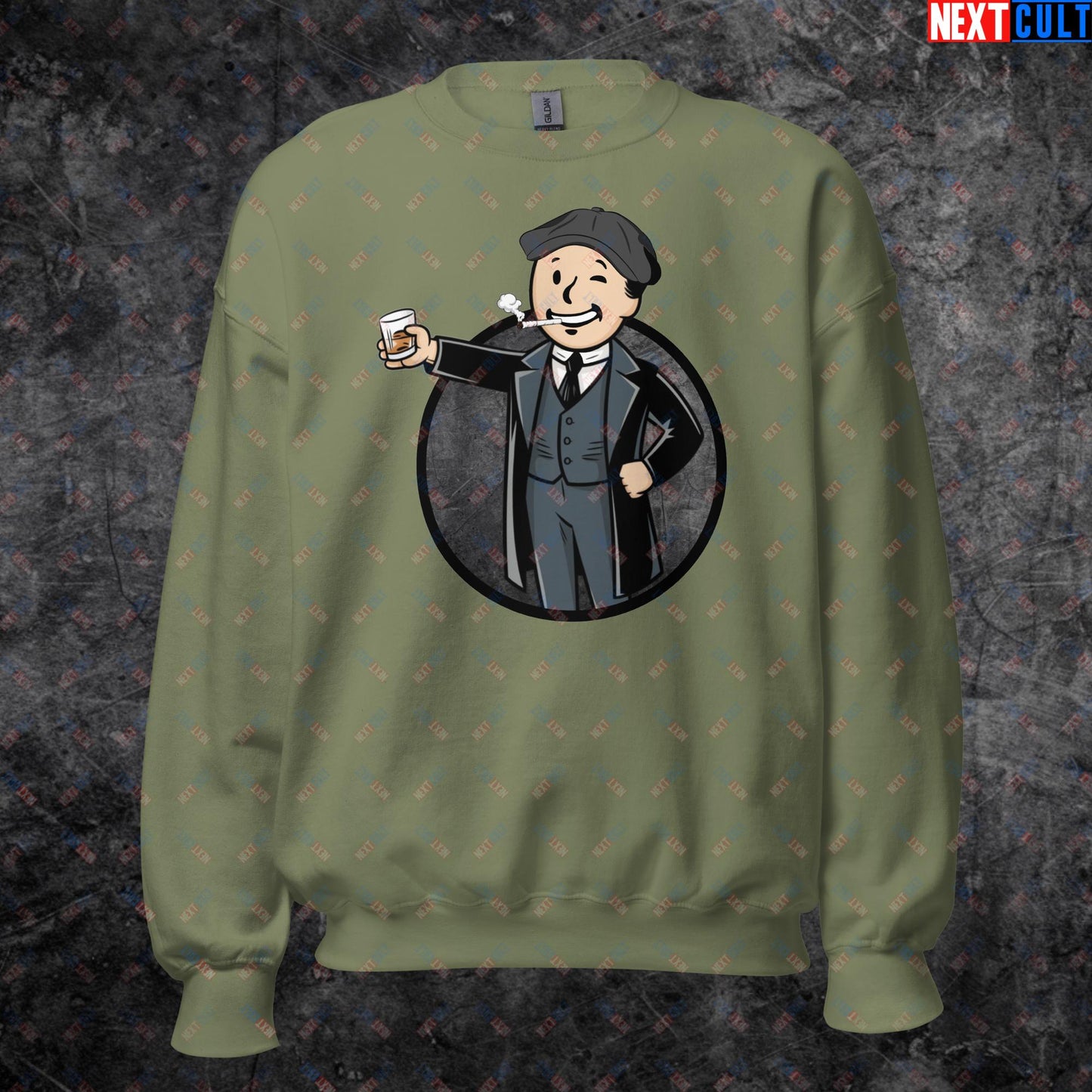 Tommy Boy Peaky Blinders Thomas Shelby Cillian Murphy Vault Boy Fallout Funny Meme Cartoon Mashup Unisex Sweatshirt Military Green Sweatshirts Cillian Murphy Fallout Peaky Blinders TV Shows Vault Boy Next Cult Brand