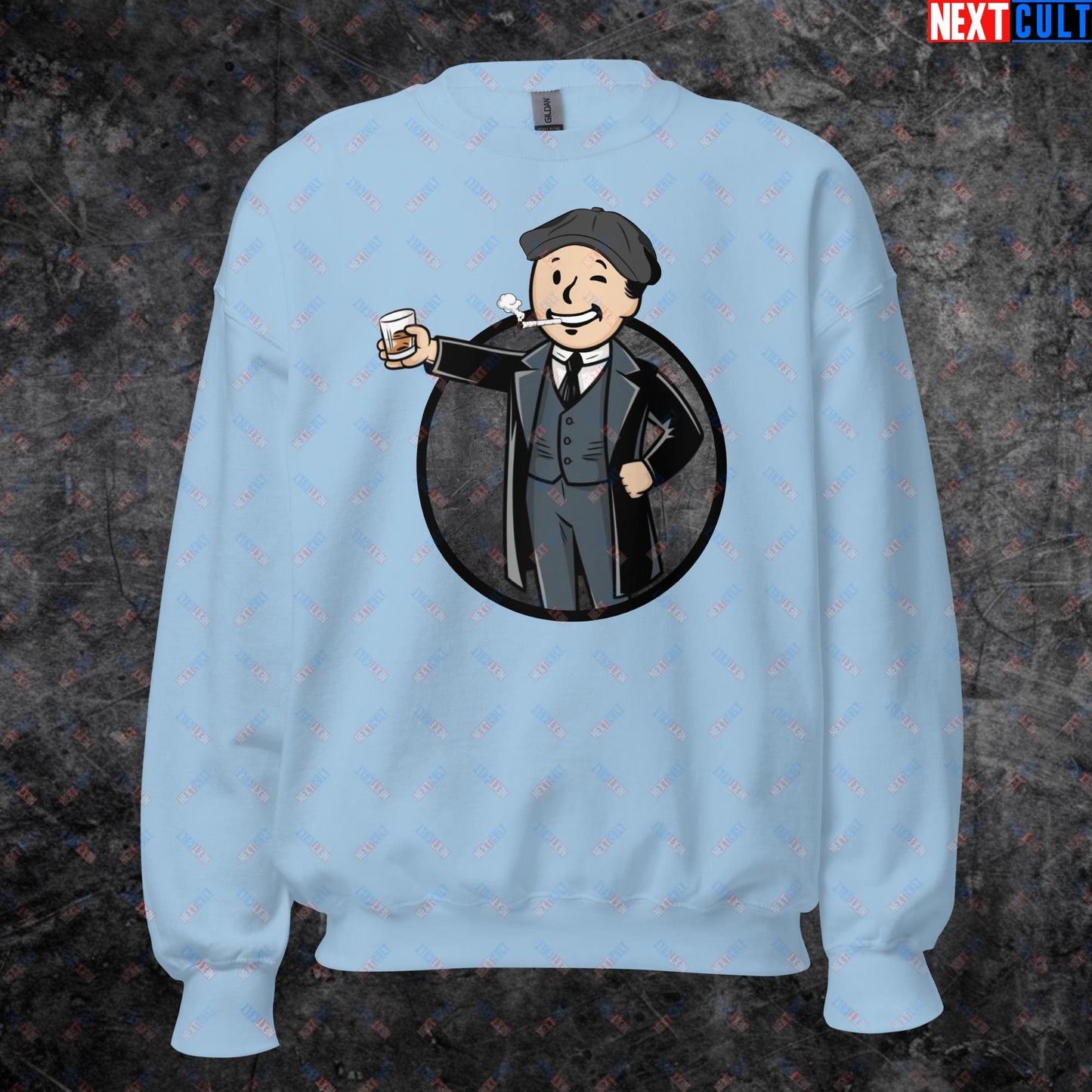 Tommy Boy Peaky Blinders Thomas Shelby Cillian Murphy Vault Boy Fallout Funny Meme Cartoon Mashup Unisex Sweatshirt Light Blue Sweatshirts Cillian Murphy Fallout Peaky Blinders TV Shows Vault Boy Next Cult Brand