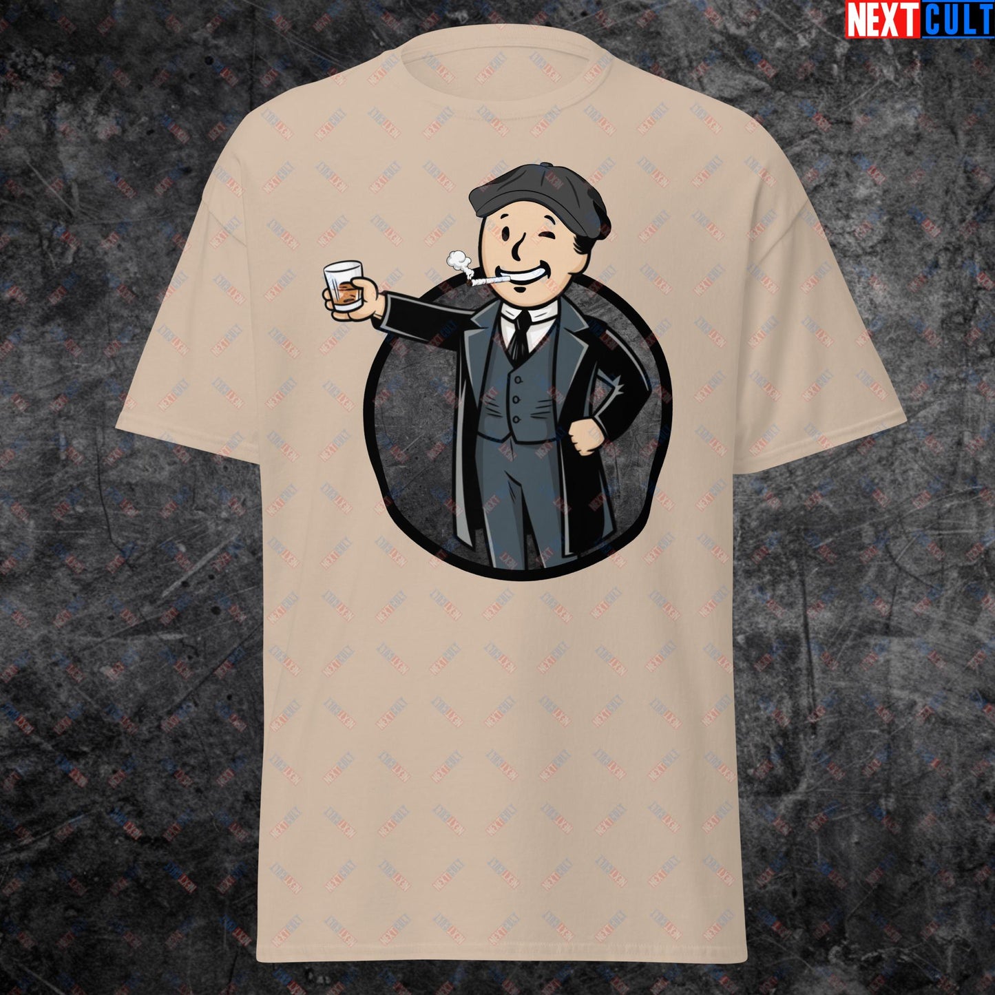 Tommy Boy Peaky Blinders Thomas Shelby Cillian Murphy Vault Boy Fallout Funny Meme Cartoon Mashup Unisex tee Sand T-shirts Cillian Murphy Fallout Peaky Blinders TV Shows Vault Boy Next Cult Brand