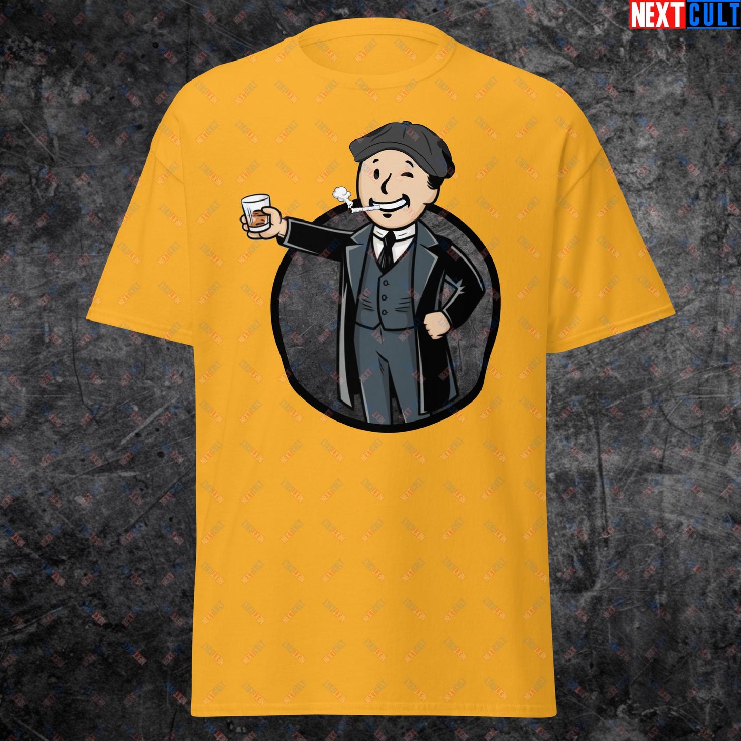 Tommy Boy Peaky Blinders Thomas Shelby Cillian Murphy Vault Boy Fallout Funny Meme Cartoon Mashup Unisex tee Gold T-shirts Cillian Murphy Fallout Peaky Blinders TV Shows Vault Boy Next Cult Brand