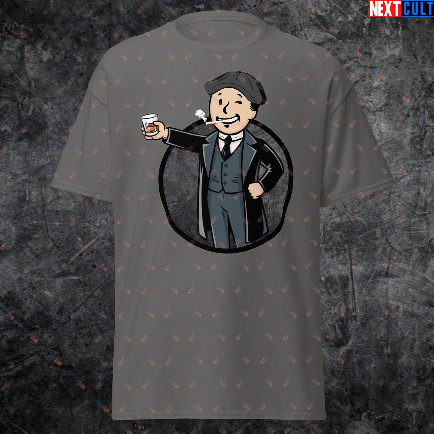 Tommy Boy Peaky Blinders Thomas Shelby Cillian Murphy Vault Boy Fallout Funny Meme Cartoon Mashup Unisex tee Charcoal T-shirts Cillian Murphy Fallout Peaky Blinders TV Shows Vault Boy Next Cult Brand