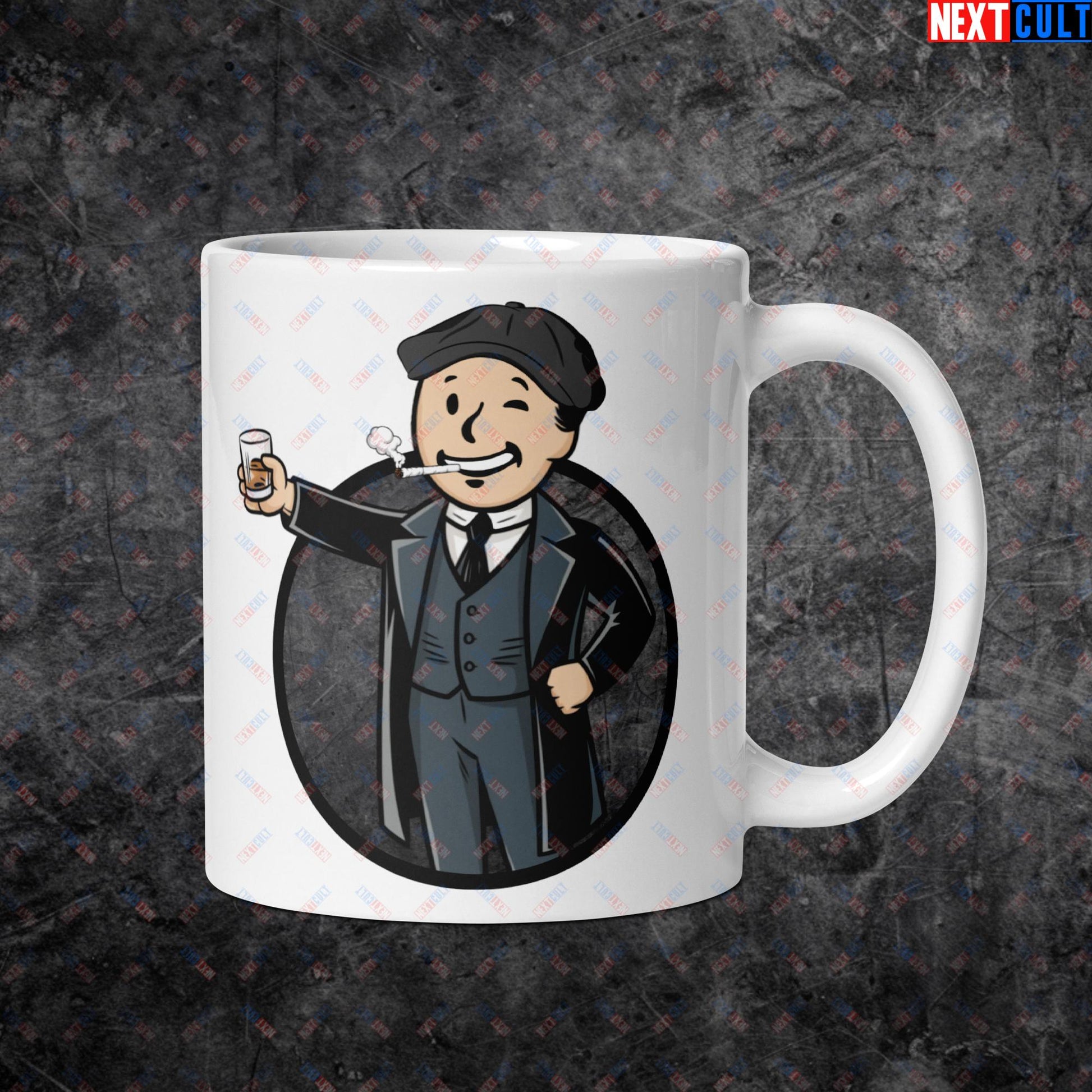 Tommy Boy Peaky Blinders Thomas Shelby Cillian Murphy Vault Boy Fallout Funny Meme Cartoon Mashup White glossy mug Default Title Mugs Cillian Murphy Fallout Peaky Blinders TV Shows Vault Boy Next Cult Brand