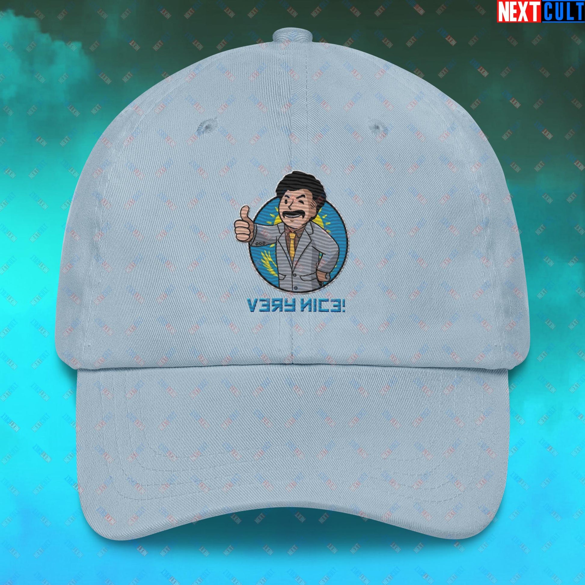 Very Nice Boy Borat Vault Boy Fallout Funny Cartoon Mashup Dad hat Light Blue Hats Borat Fallout Movies Vault Boy Next Cult Brand