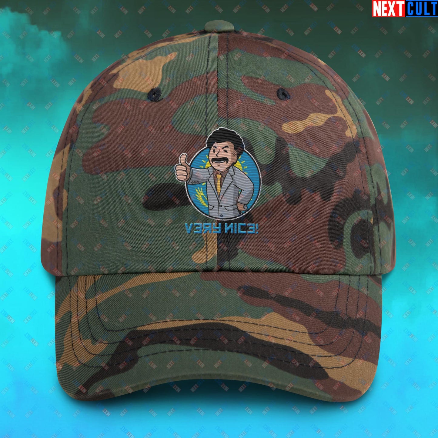 Very Nice Boy Borat Vault Boy Fallout Funny Cartoon Mashup Dad hat Green Camo Hats Borat Fallout Movies Vault Boy Next Cult Brand