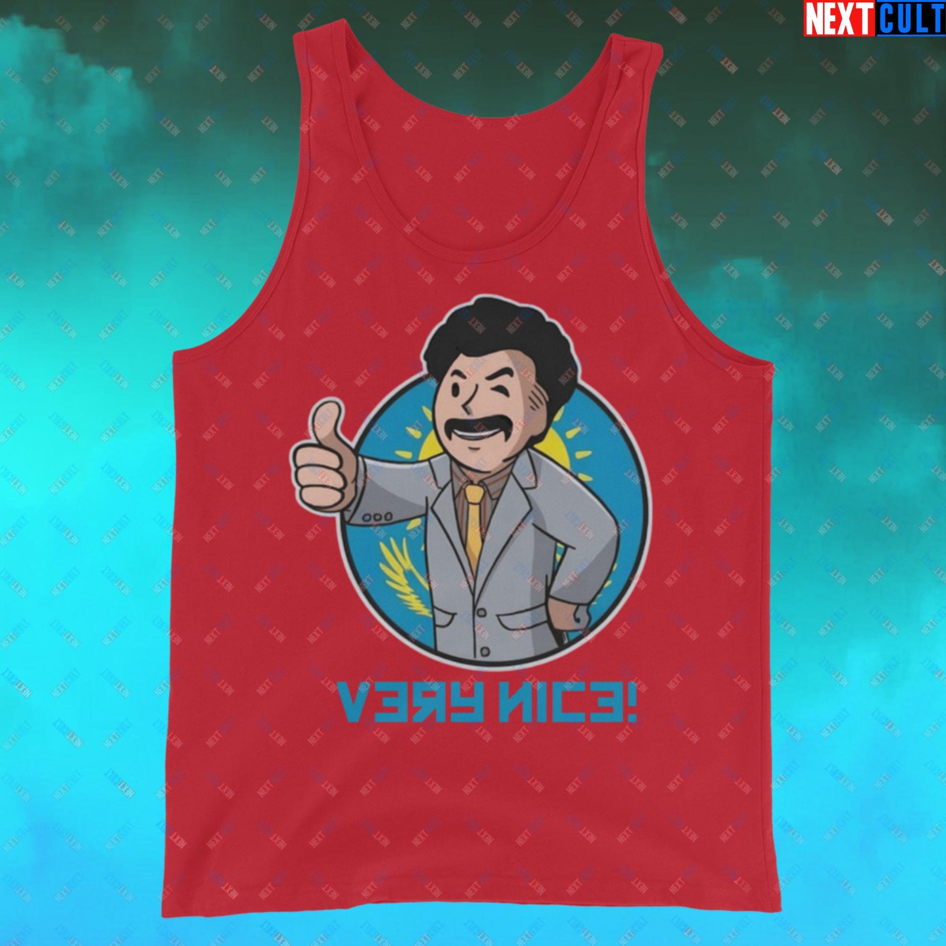 Very Nice Boy Borat Vault Boy Fallout Funny Cartoon Mashup Tank Top Red Tank Tops Borat Fallout Movies Vault Boy Next Cult Brand