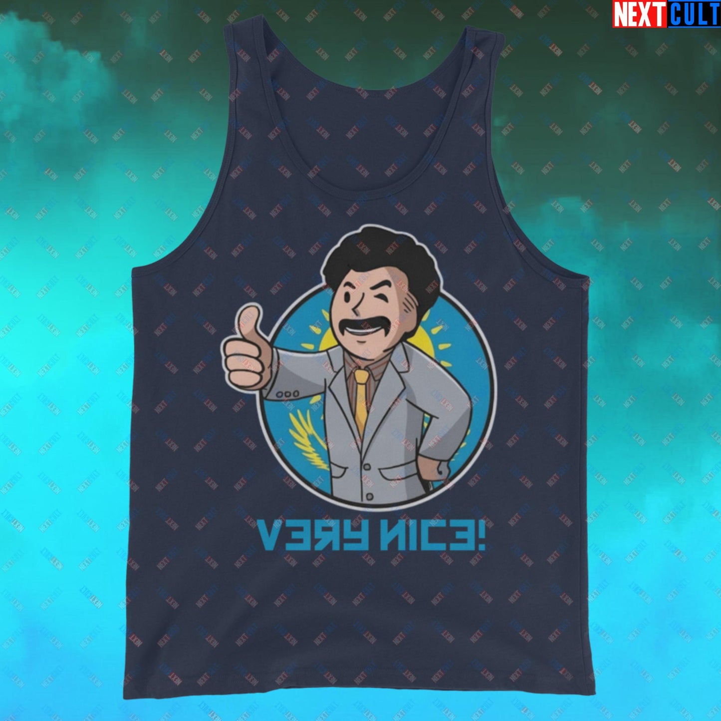 Very Nice Boy Borat Vault Boy Fallout Funny Cartoon Mashup Tank Top Navy Tank Tops Borat Fallout Movies Vault Boy Next Cult Brand