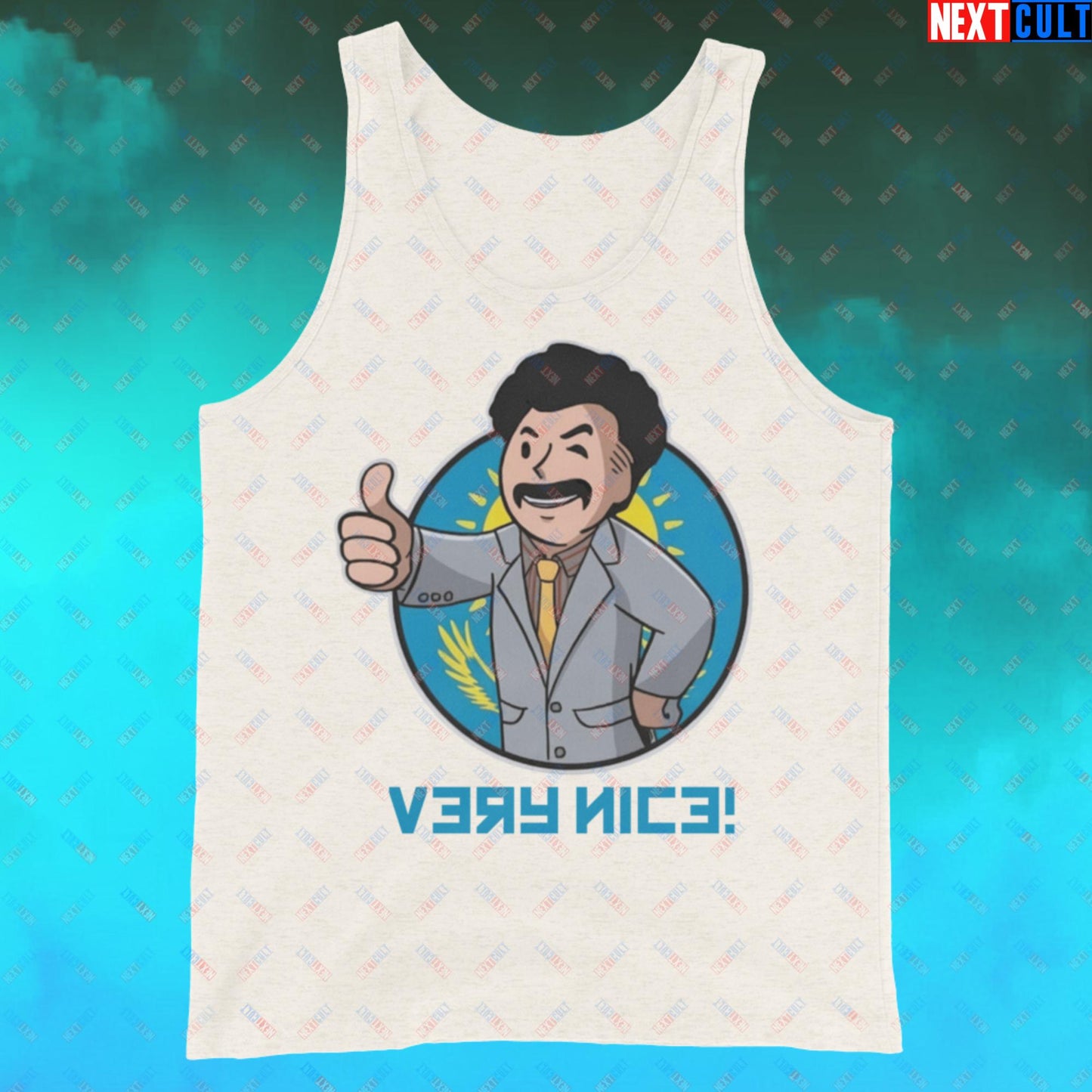 Very Nice Boy Borat Vault Boy Fallout Funny Cartoon Mashup Tank Top Oatmeal Triblend Tank Tops Borat Fallout Movies Vault Boy Next Cult Brand