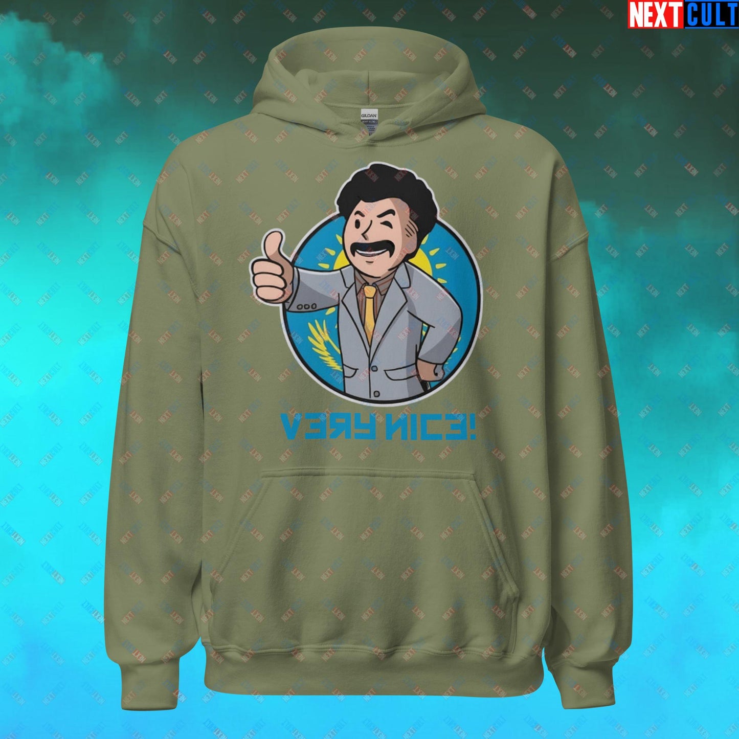 Very Nice Boy Borat Vault Boy Fallout Funny Cartoon Mashup Unisex Hoodie Military Green Hoodies Borat Fallout Movies Vault Boy Next Cult Brand