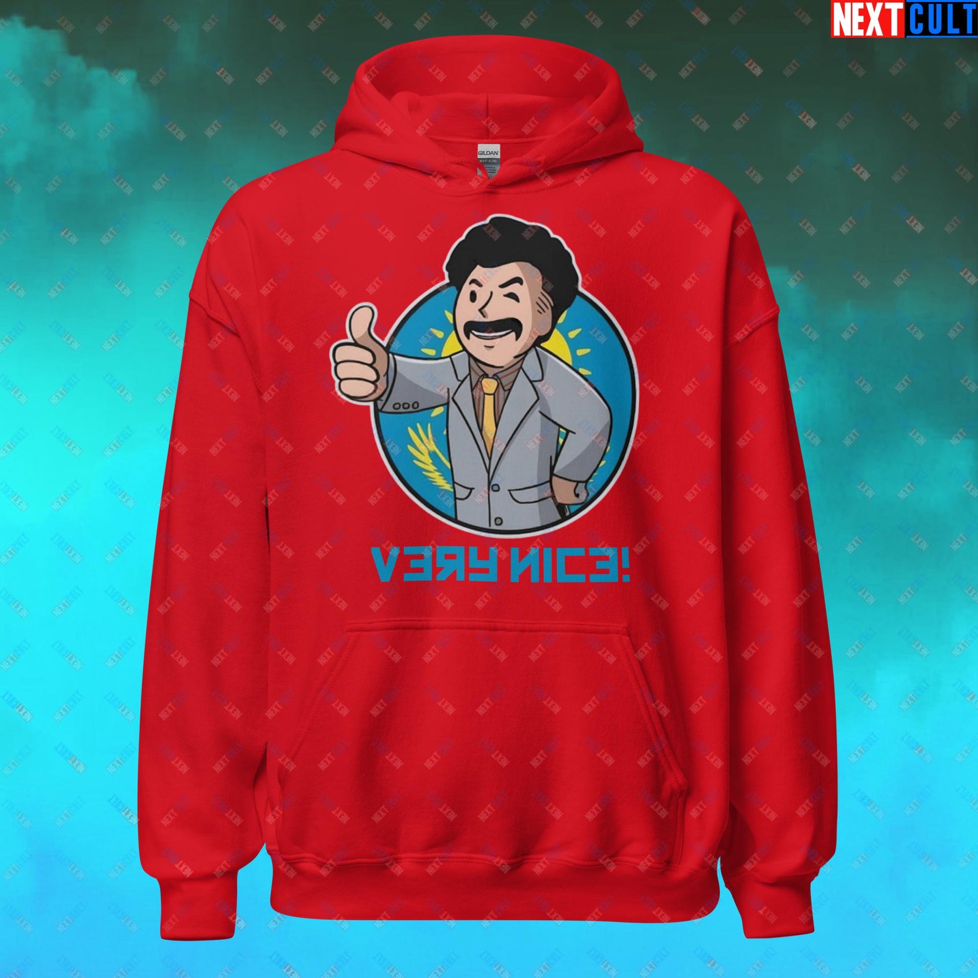 Very Nice Boy Borat Vault Boy Fallout Funny Cartoon Mashup Unisex Hoodie Red Hoodies Borat Fallout Movies Vault Boy Next Cult Brand