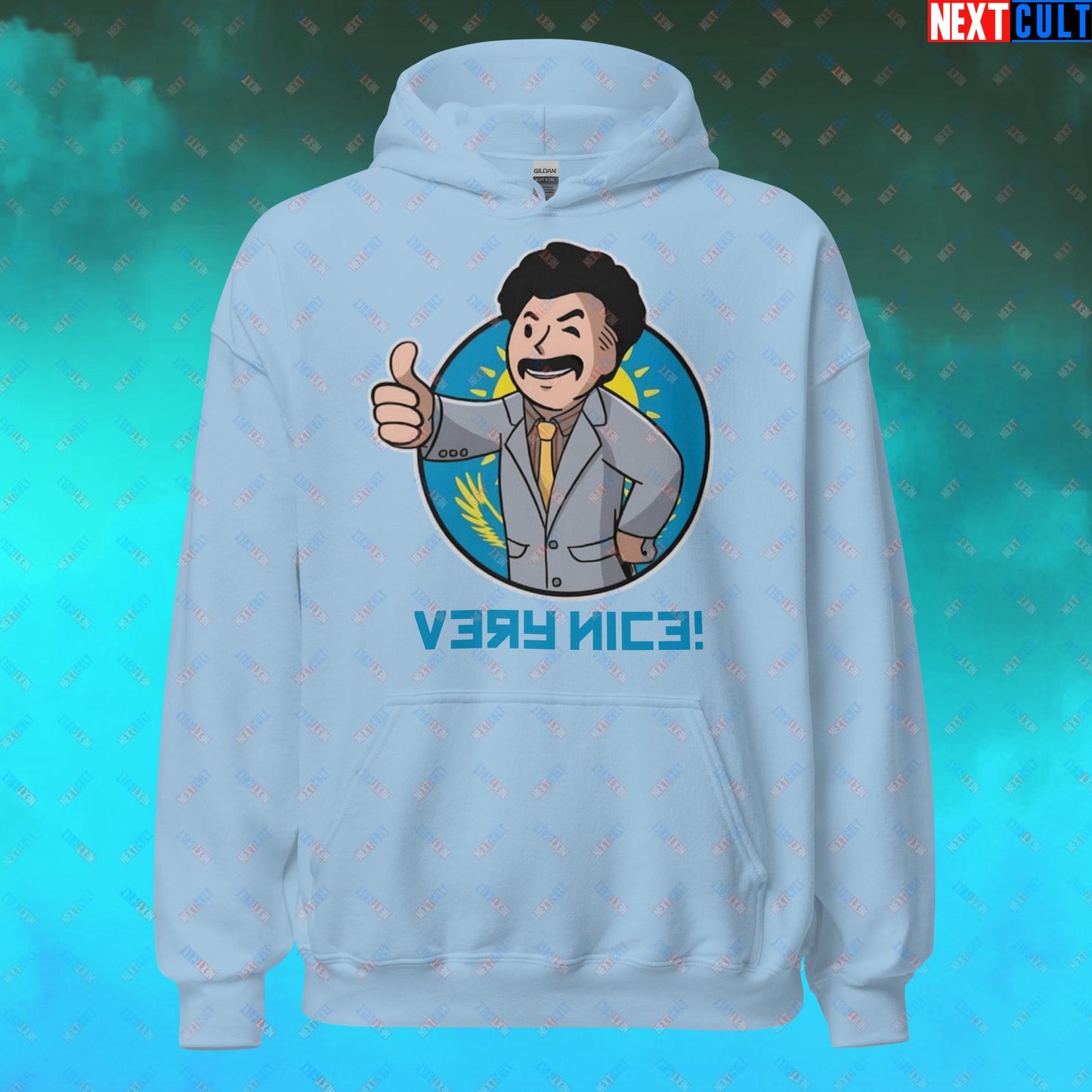 Very Nice Boy Borat Vault Boy Fallout Funny Cartoon Mashup Unisex Hoodie Light Blue Hoodies Borat Fallout Movies Vault Boy Next Cult Brand