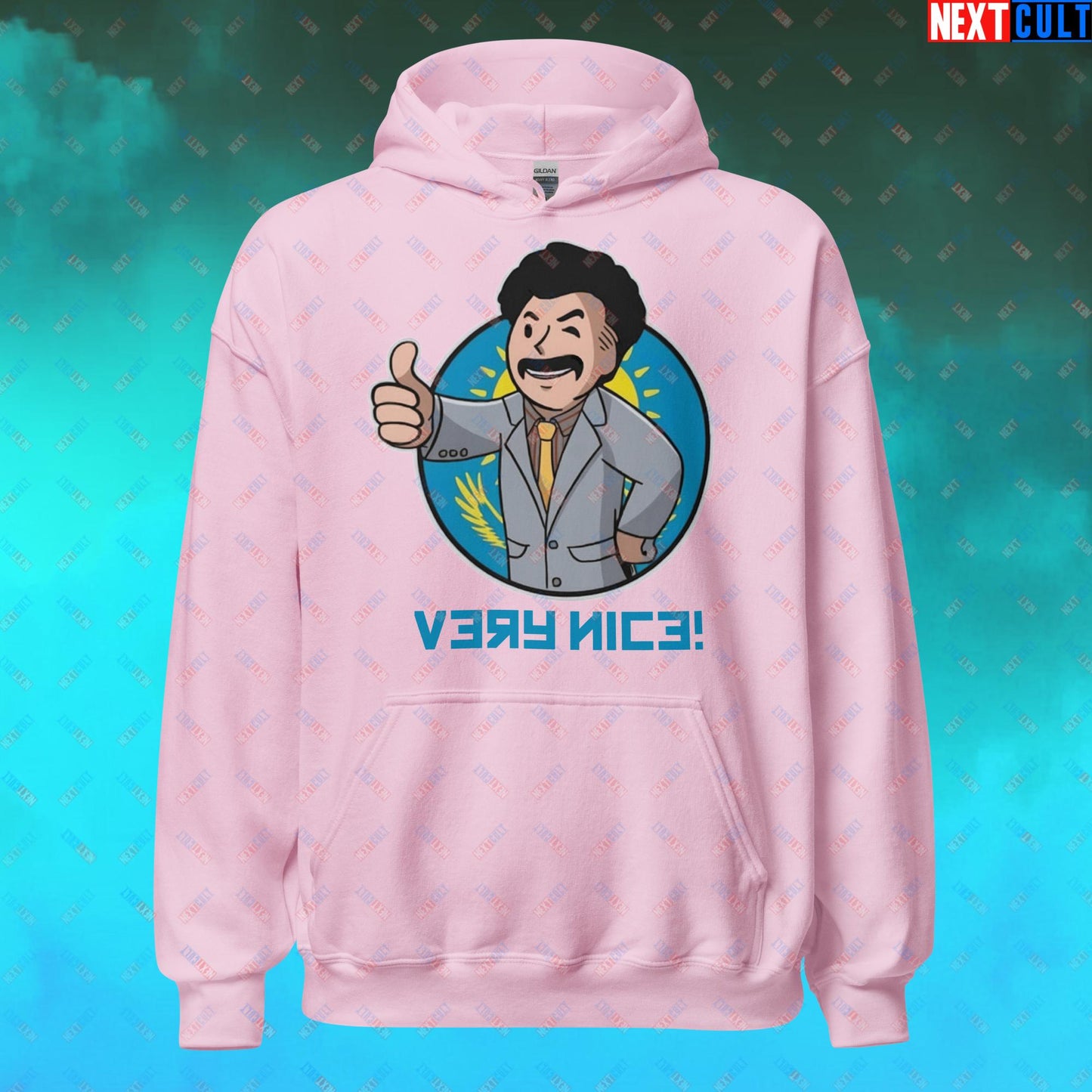 Very Nice Boy Borat Vault Boy Fallout Funny Cartoon Mashup Unisex Hoodie Light Pink Hoodies Borat Fallout Movies Vault Boy Next Cult Brand