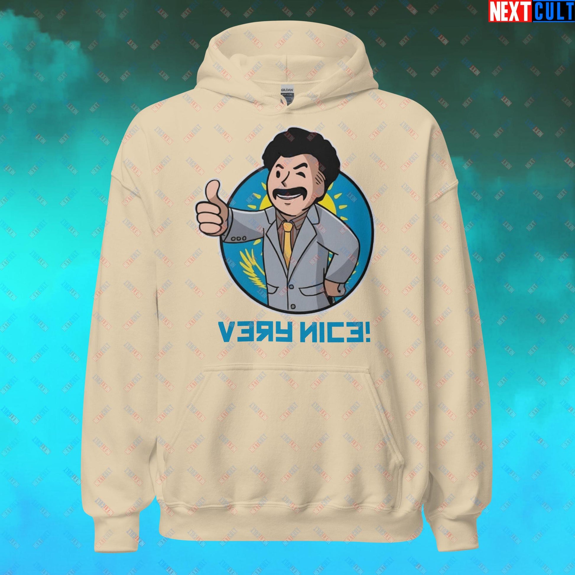 Very Nice Boy Borat Vault Boy Fallout Funny Cartoon Mashup Unisex Hoodie Sand Hoodies Borat Fallout Movies Vault Boy Next Cult Brand