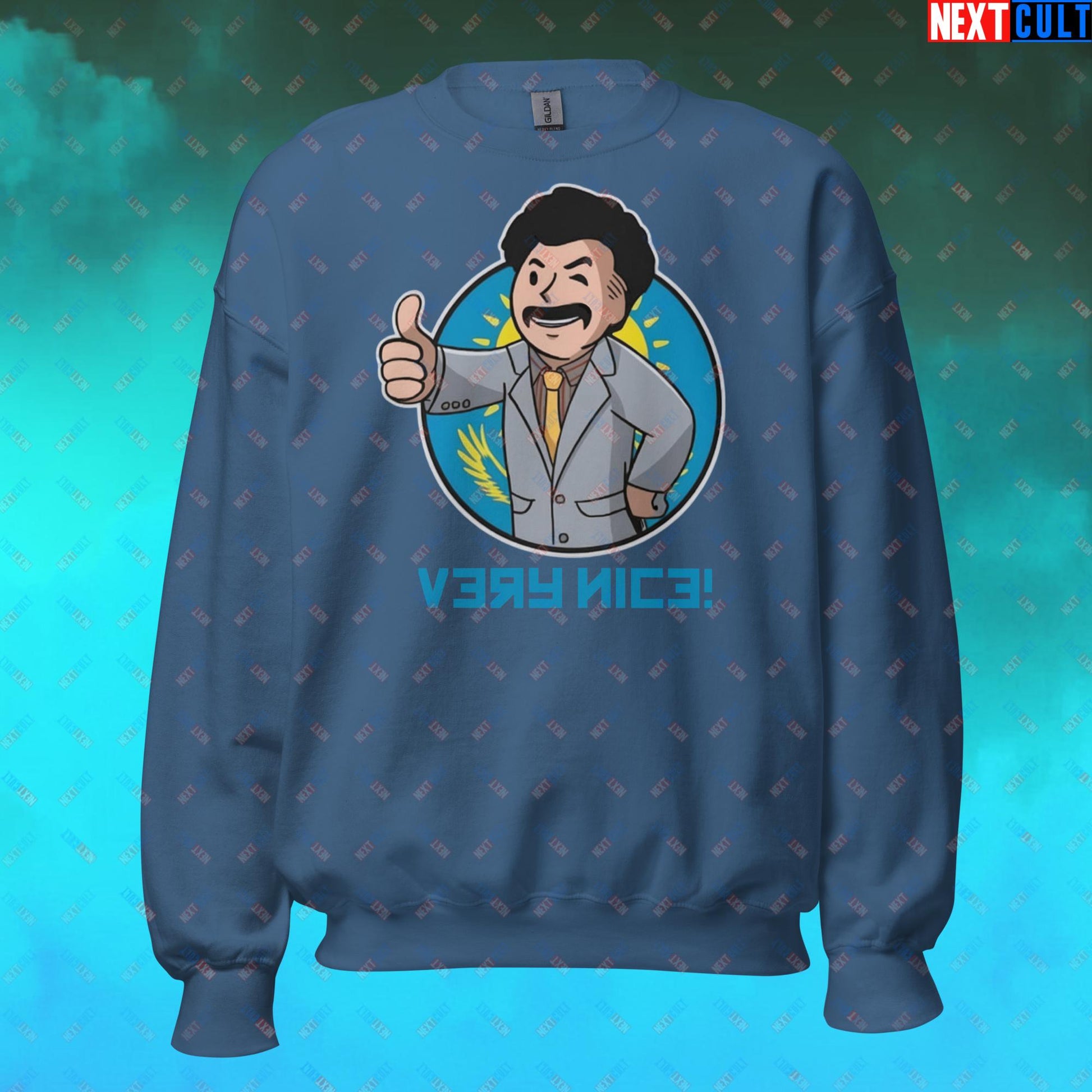 Very Nice Boy Borat Vault Boy Fallout Funny Cartoon Mashup Unisex Sweatshirt Indigo Blue Sweatshirts Borat Fallout Movies Vault Boy Next Cult Brand