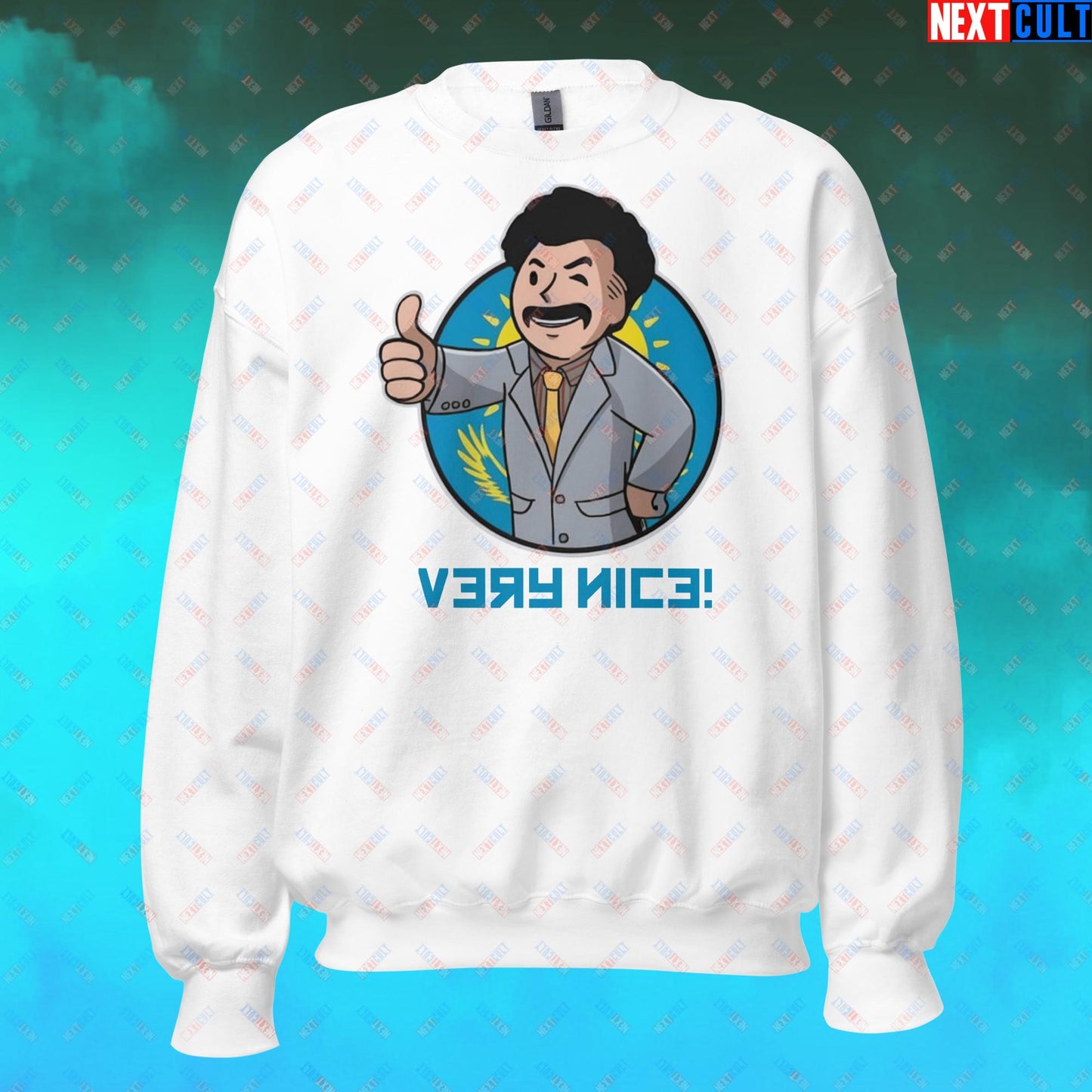 Very Nice Boy Borat Vault Boy Fallout Funny Cartoon Mashup Unisex Sweatshirt White Sweatshirts Borat Fallout Movies Vault Boy Next Cult Brand