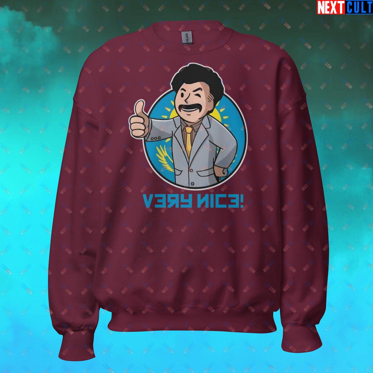 Very Nice Boy Borat Vault Boy Fallout Funny Cartoon Mashup Unisex Sweatshirt Maroon Sweatshirts Borat Fallout Movies Vault Boy Next Cult Brand