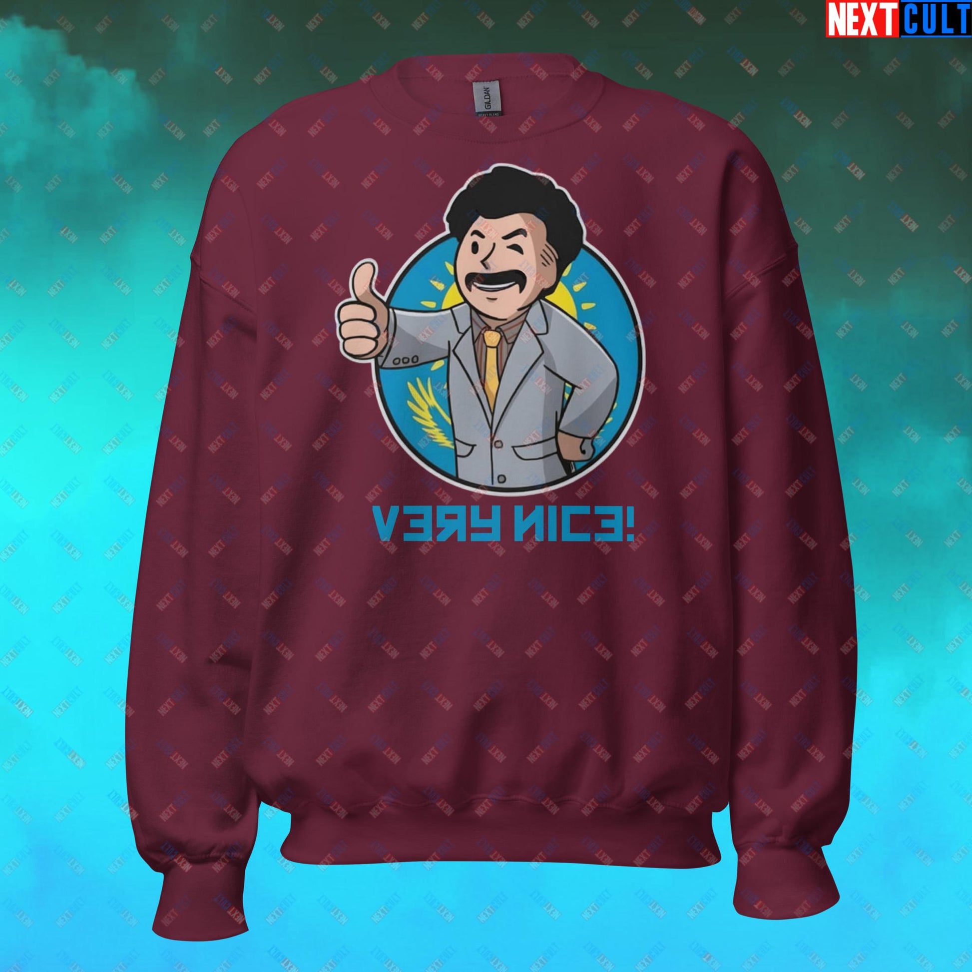 Very Nice Boy Borat Vault Boy Fallout Funny Cartoon Mashup Unisex Sweatshirt Maroon Sweatshirts Borat Fallout Movies Vault Boy Next Cult Brand