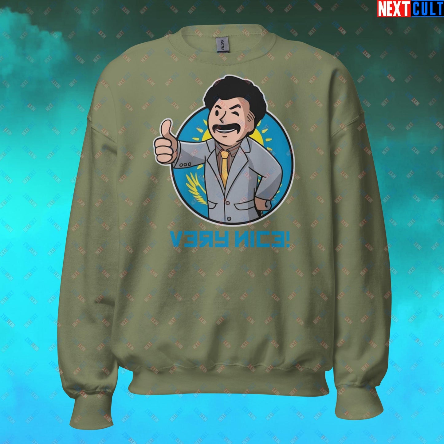 Very Nice Boy Borat Vault Boy Fallout Funny Cartoon Mashup Unisex Sweatshirt Military Green Sweatshirts Borat Fallout Movies Vault Boy Next Cult Brand