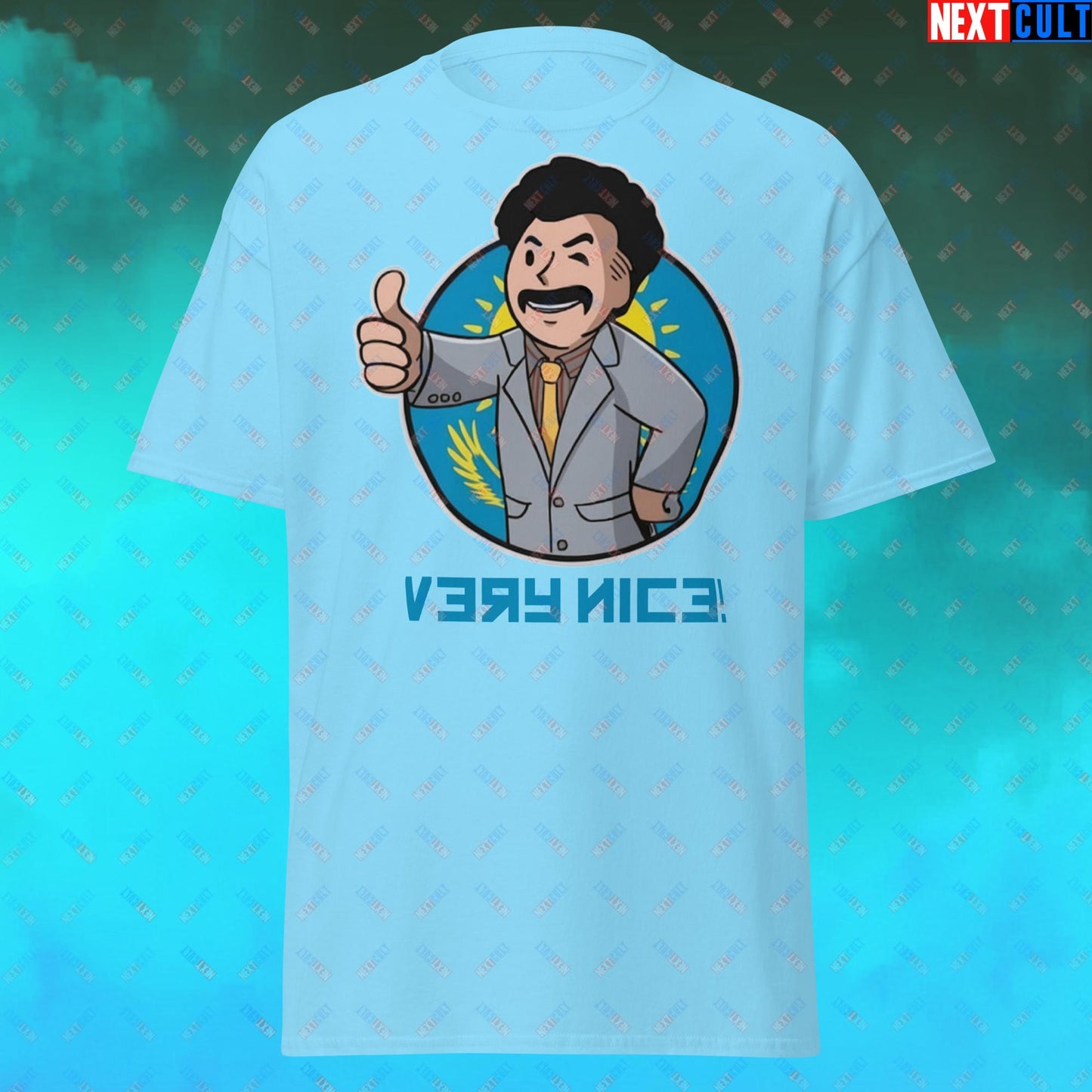 Very Nice Boy Borat Vault Boy Fallout Funny Cartoon Mashup Unisex tee Sky T-shirts Borat Fallout Movies Vault Boy Next Cult Brand