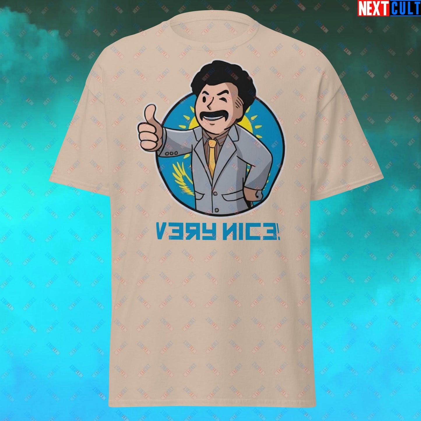 Very Nice Boy Borat Vault Boy Fallout Funny Cartoon Mashup Unisex tee Sand T-shirts Borat Fallout Movies Vault Boy Next Cult Brand