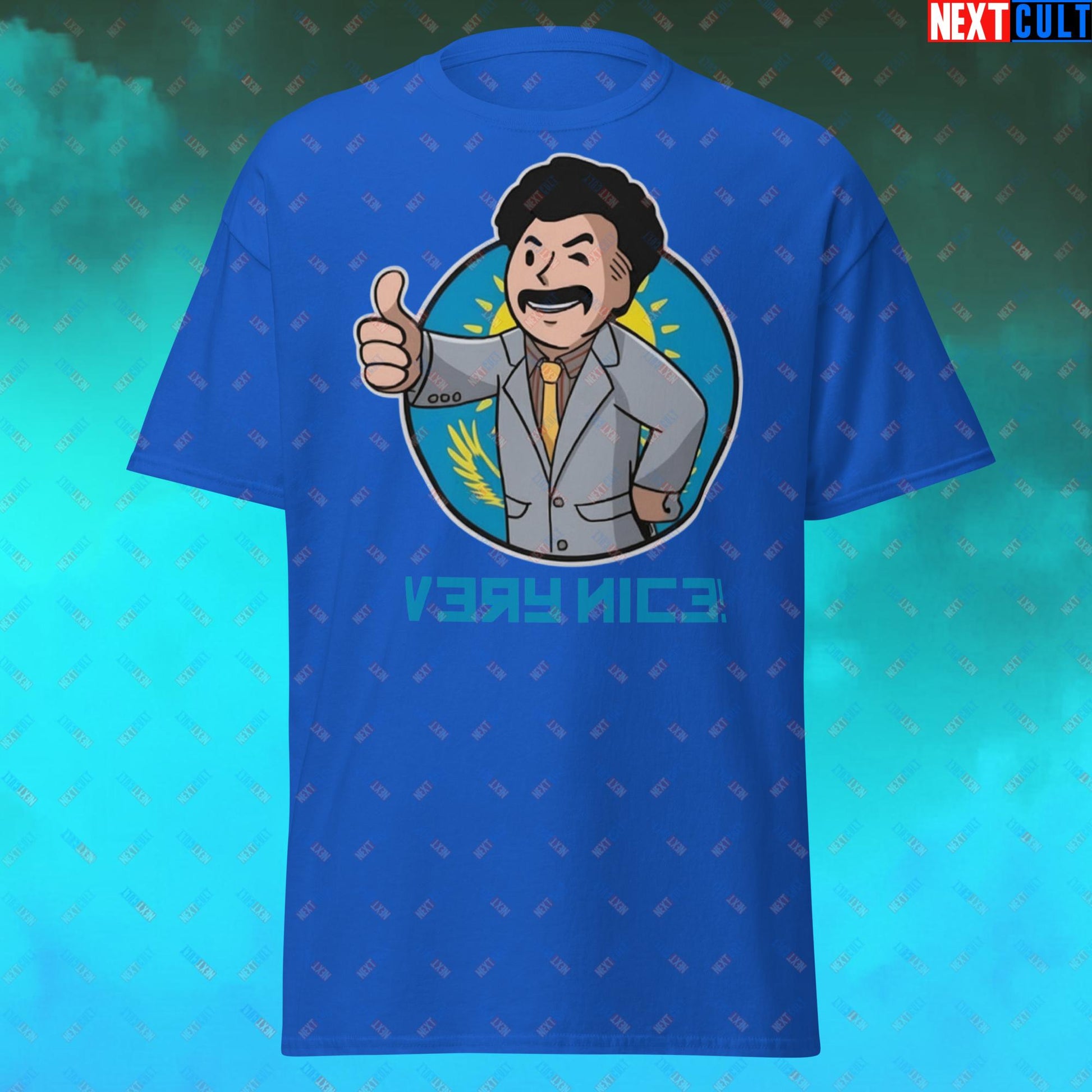 Very Nice Boy Borat Vault Boy Fallout Funny Cartoon Mashup Unisex tee Royal T-shirts Borat Fallout Movies Vault Boy Next Cult Brand