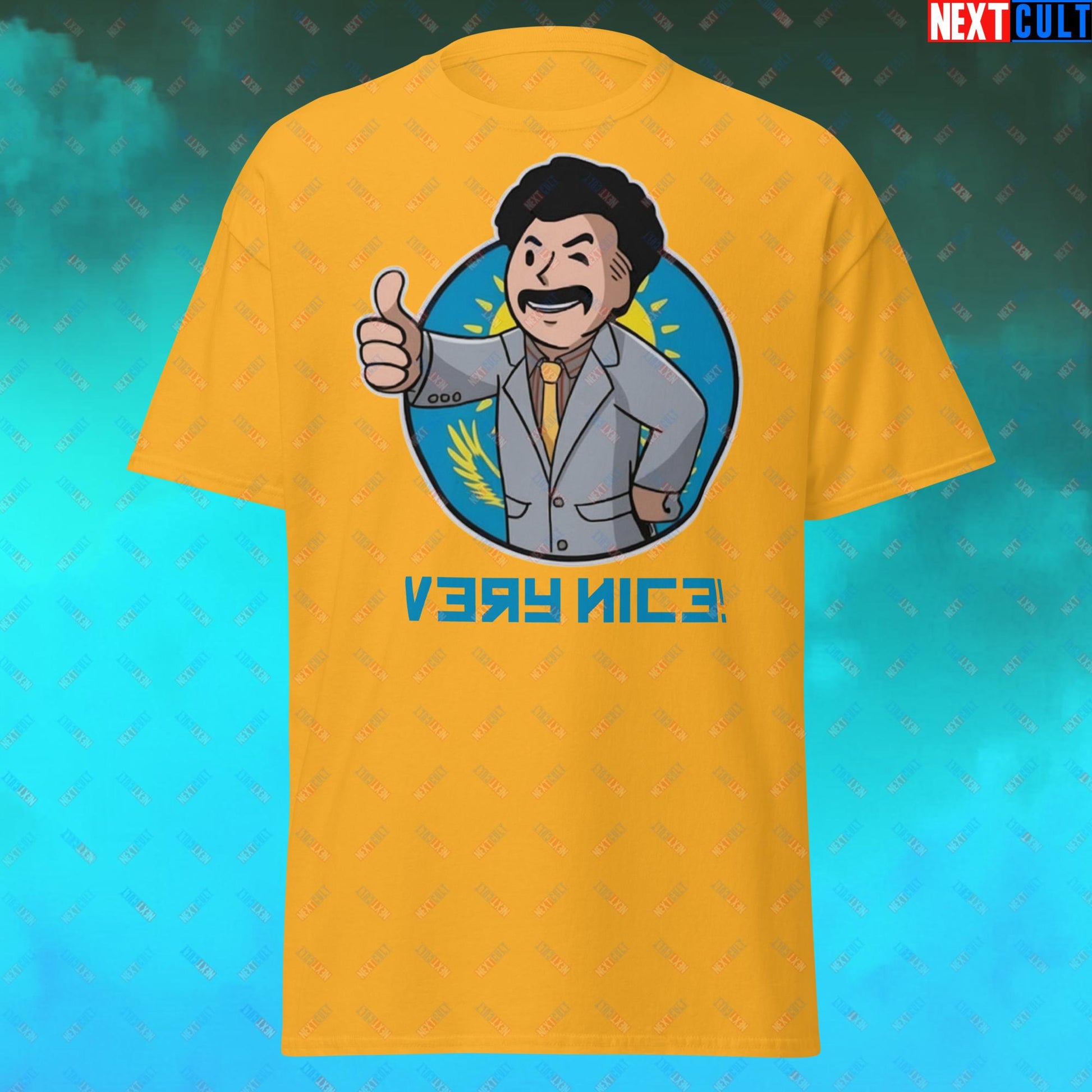 Very Nice Boy Borat Vault Boy Fallout Funny Cartoon Mashup Unisex tee Gold T-shirts Borat Fallout Movies Vault Boy Next Cult Brand