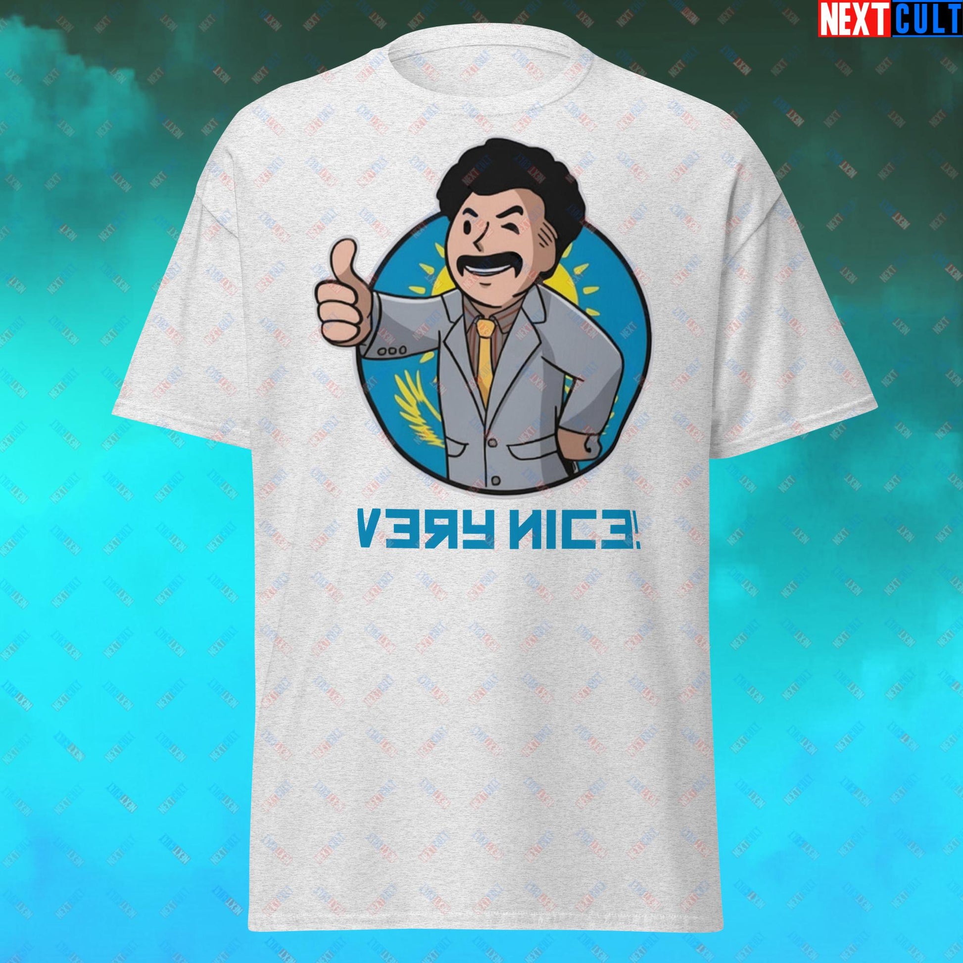 Very Nice Boy Borat Vault Boy Fallout Funny Cartoon Mashup Unisex tee Ash T-shirts Borat Fallout Movies Vault Boy Next Cult Brand