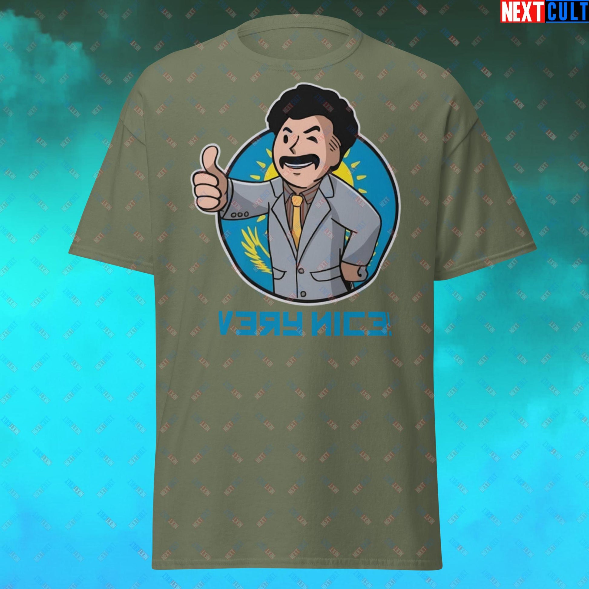 Very Nice Boy Borat Vault Boy Fallout Funny Cartoon Mashup Unisex tee Military Green T-shirts Borat Fallout Movies Vault Boy Next Cult Brand