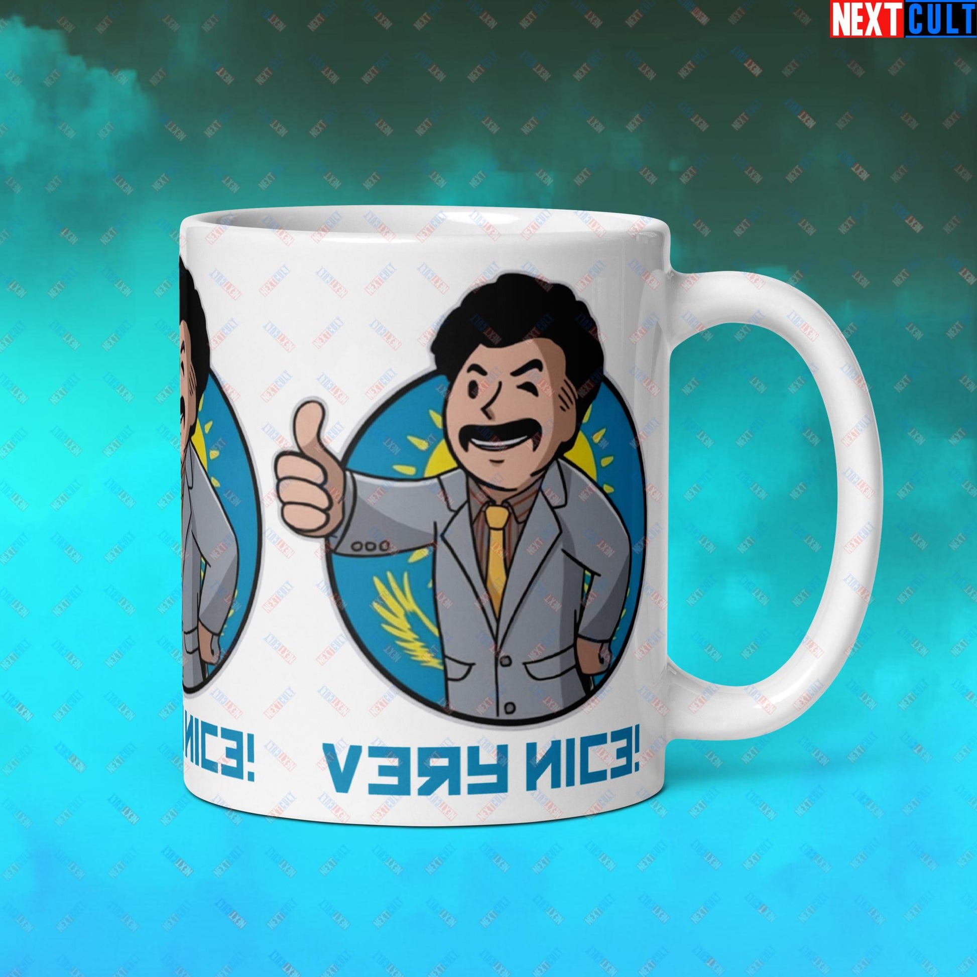 Very Nice Boy Borat Vault Boy Fallout Funny Cartoon Mashup White glossy mug Next Cult Brand