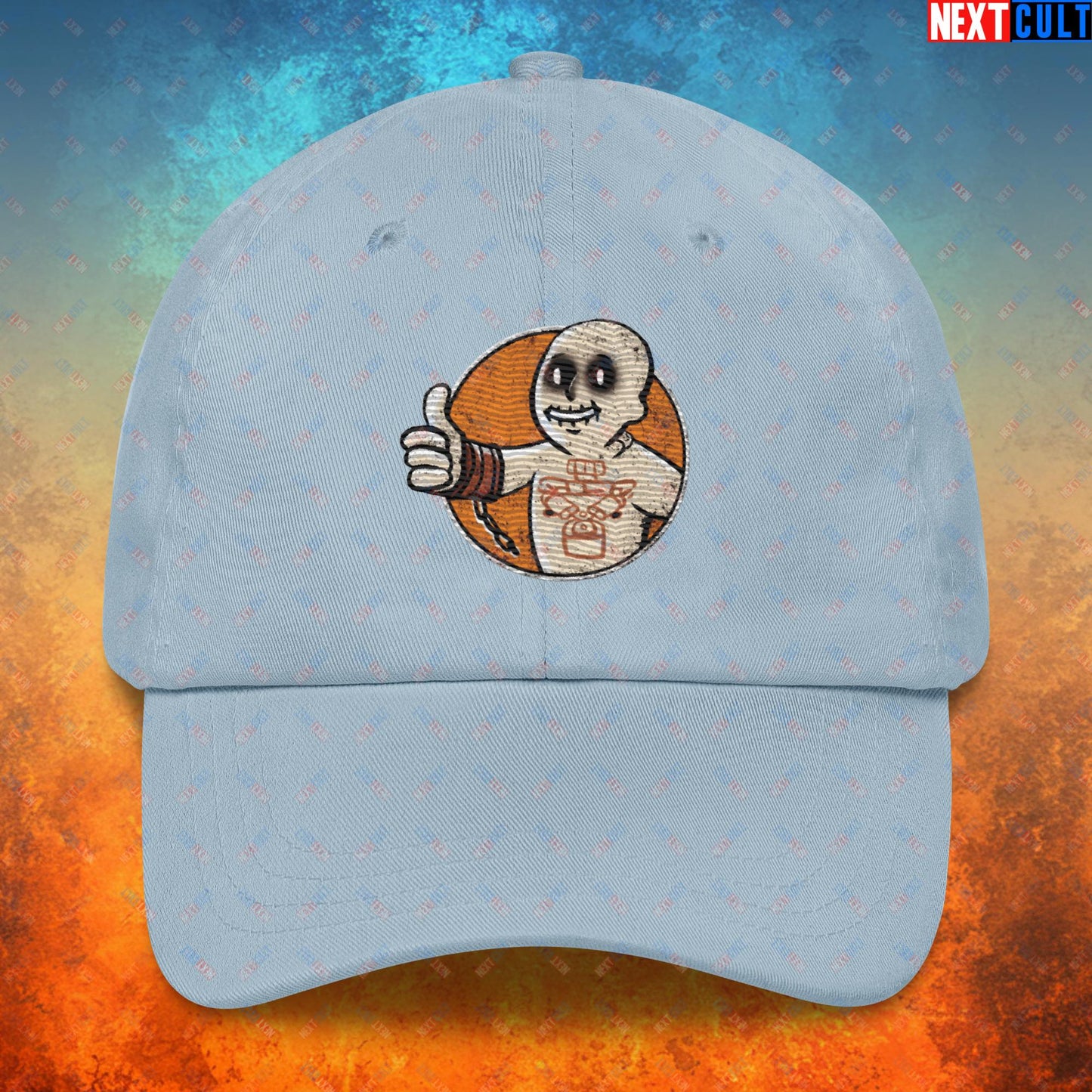 War Boy Mad Max Vault Boy Fallout Funny Meme Cartoon Mashup Dad hat Light Blue Hats Fallout Mad Max Movies Vault Boy Next Cult Brand