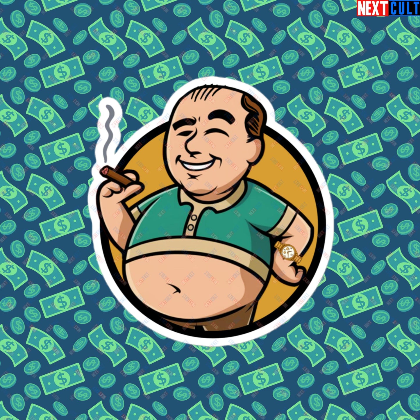 Waste Management Boy Tony Soprano Vault Boy Fallout Funny Meme Cartoon Mashup Bubble-free stickers 4″×4″ Stickers Fallout The Sopranos TV Shows Vault Boy Next Cult Brand